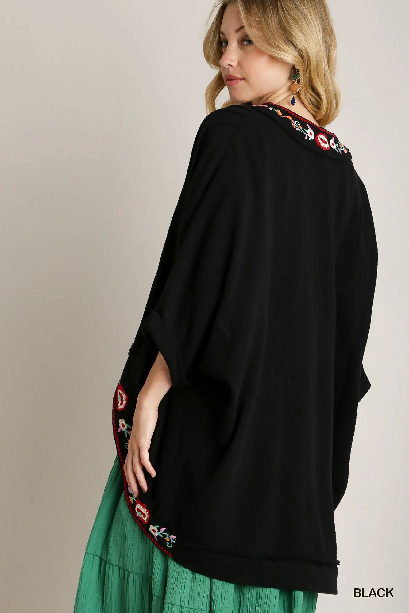 Umgee Embroidery Open Front Kimono with Pleated Shoulder Detail - Jennie Dots