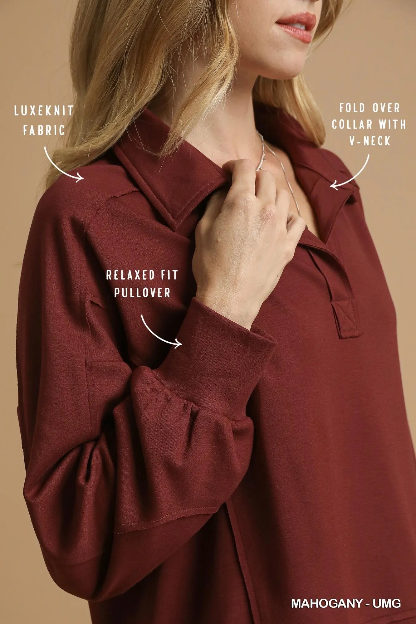 Umgee Exposed Seam Long Sleeve Polo Top with Side Slit - Jennie Dots
