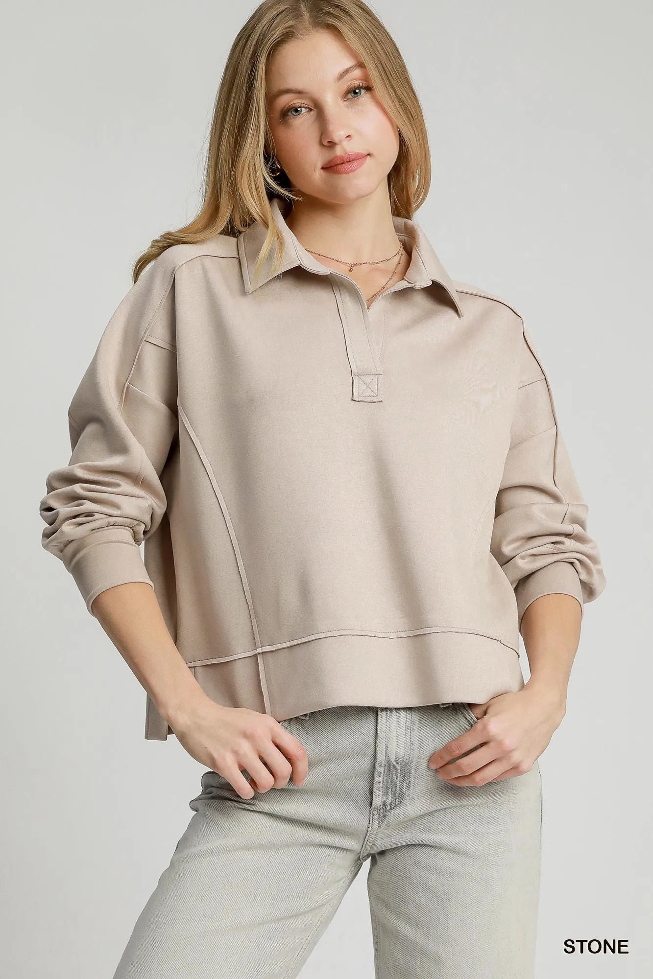 Umgee Exposed Seam Long Sleeve Polo Top with Side Slit - Jennie Dots