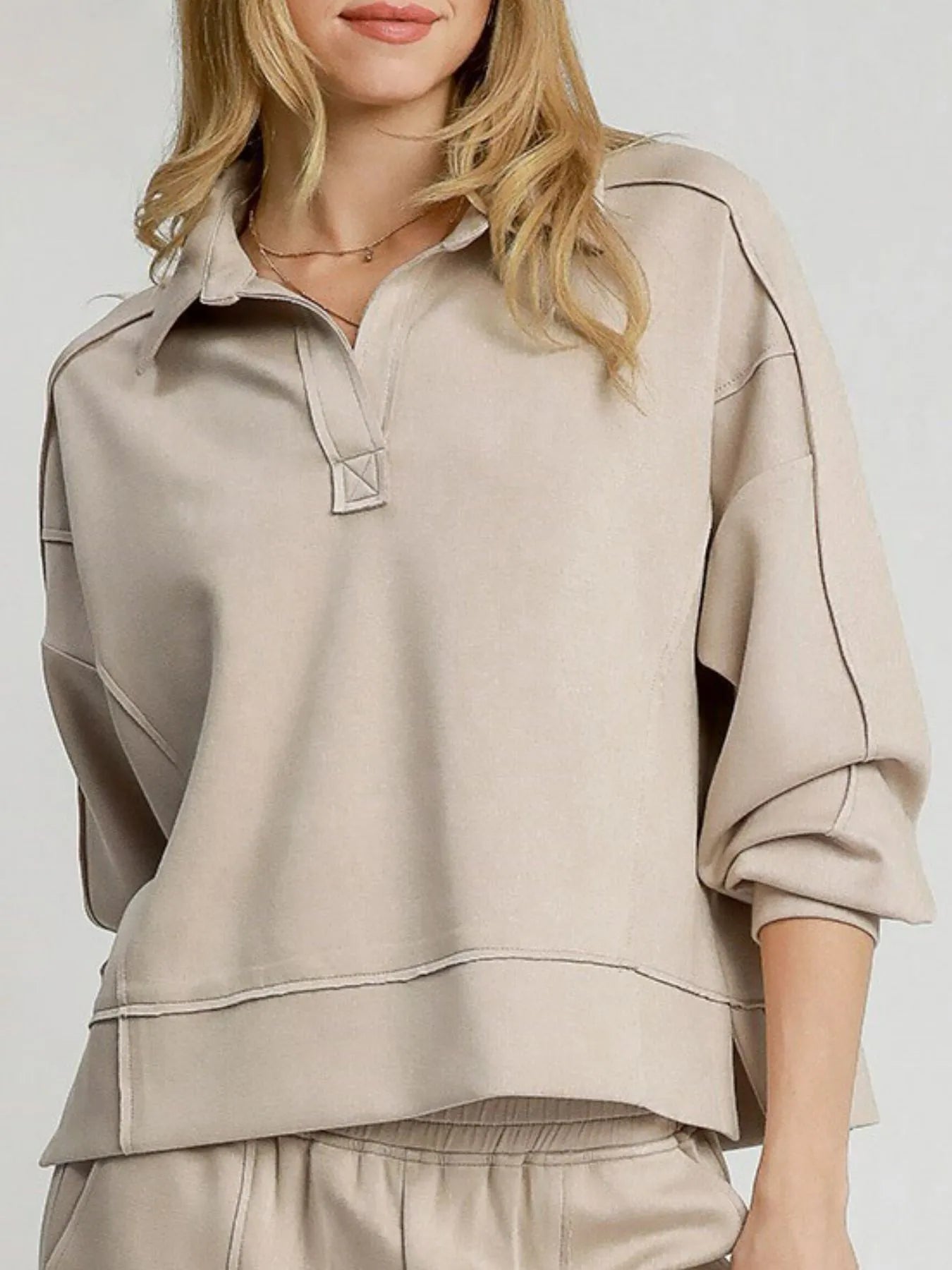 Umgee Exposed Seam Long Sleeve Polo Top with Side Slit - Jennie Dots