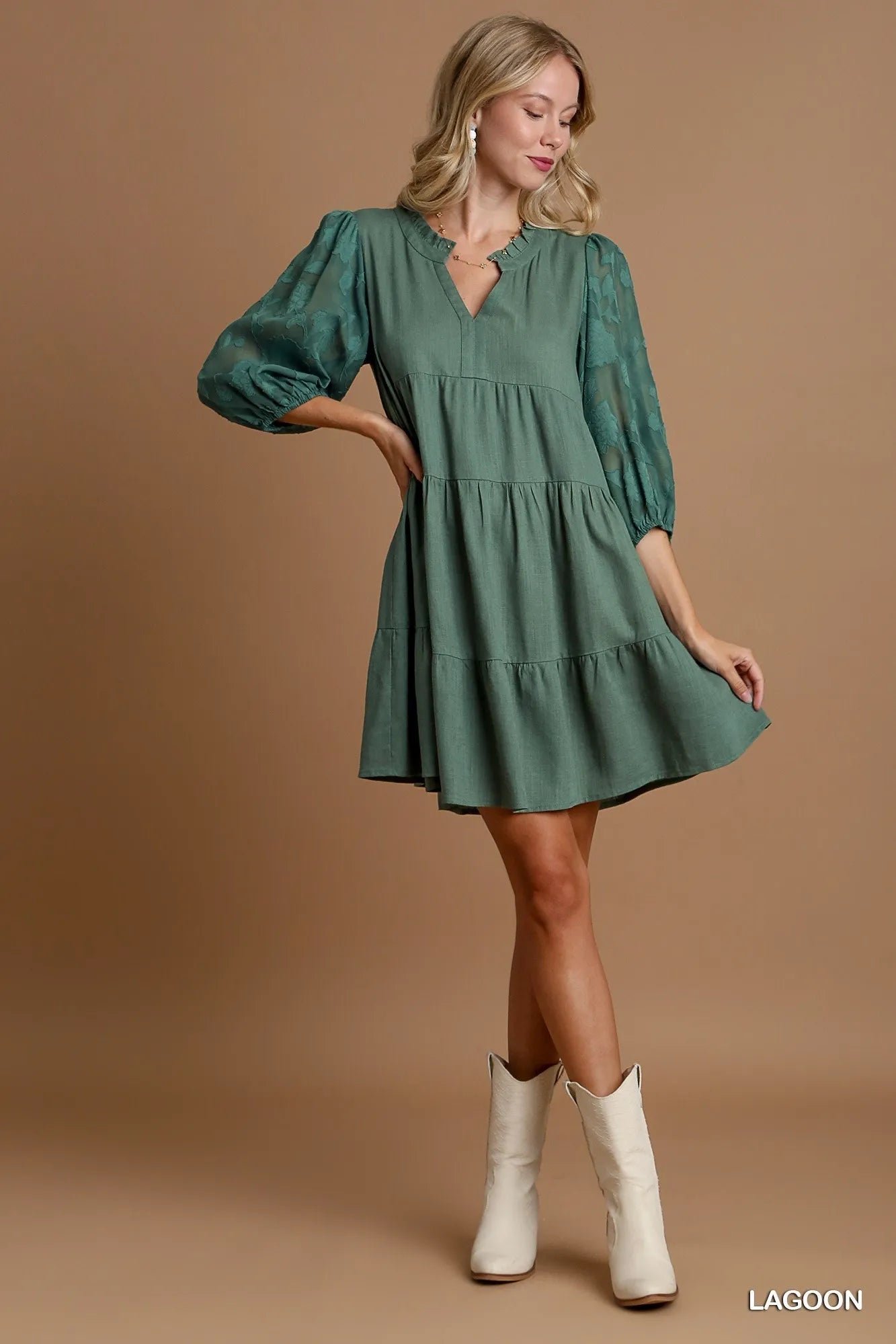 Umgee Floral Contrast Sleeve Tiered Dress - Jennie Dots