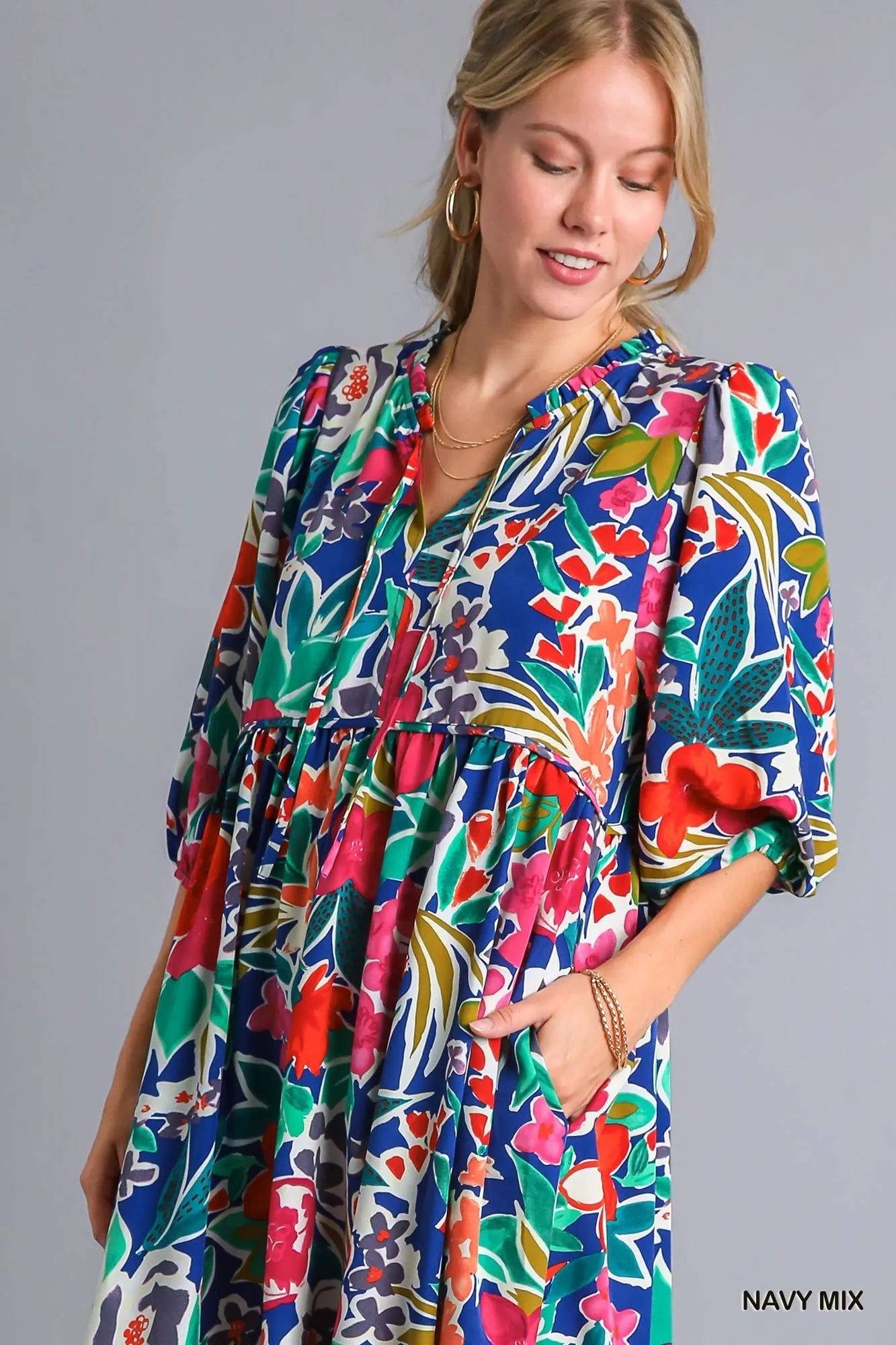 Umgee Floral Print Tie Neck Midi Dress with Pockets - Jennie Dots