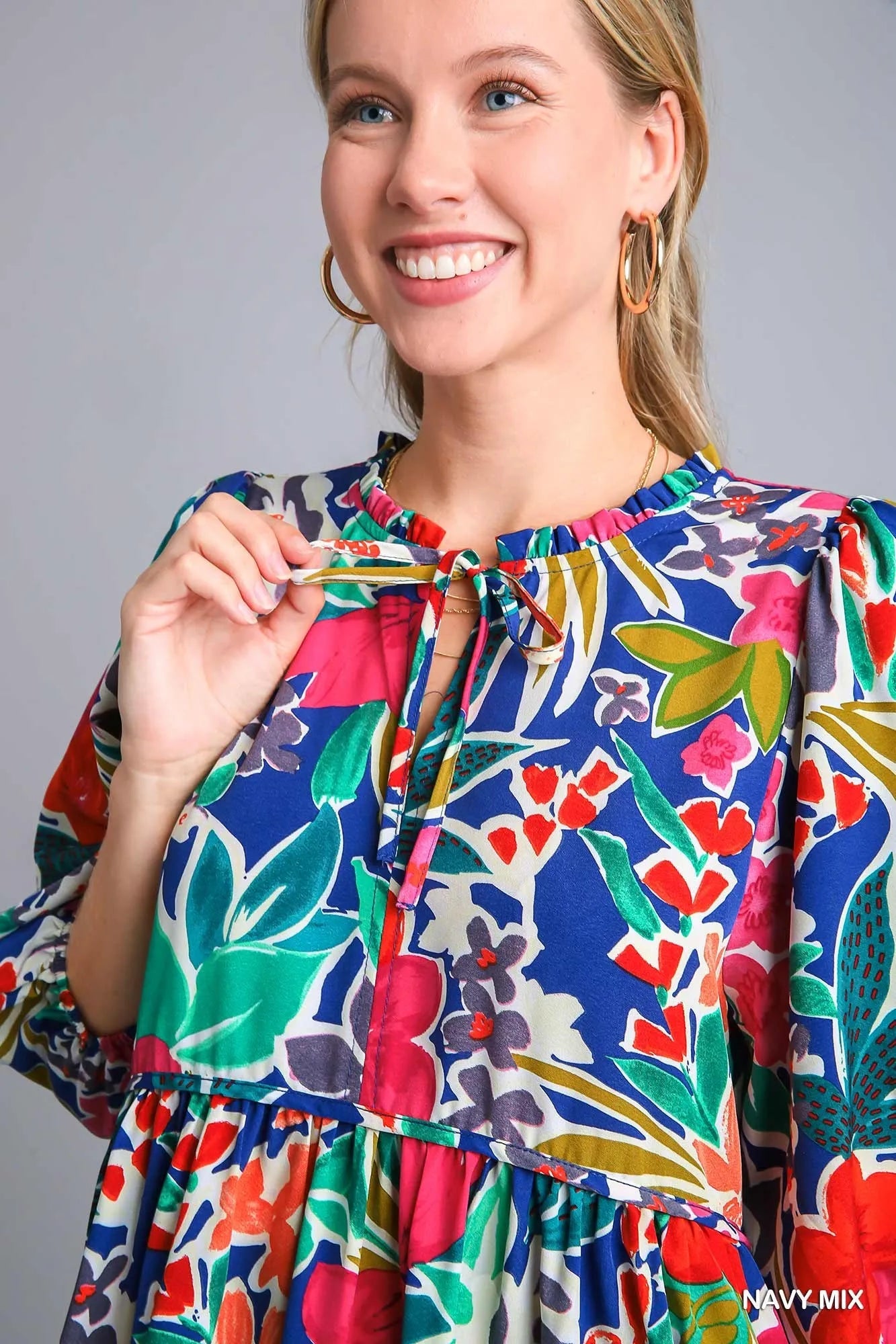 Umgee Floral Print Tie Neck Midi Dress with Pockets - Jennie Dots