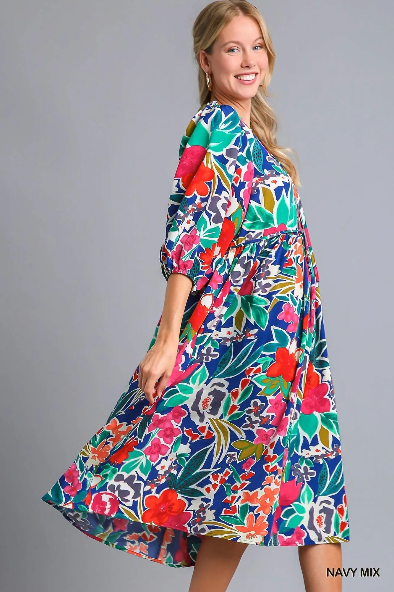 Umgee Floral Print Tie Neck Midi Dress with Pockets - Jennie Dots