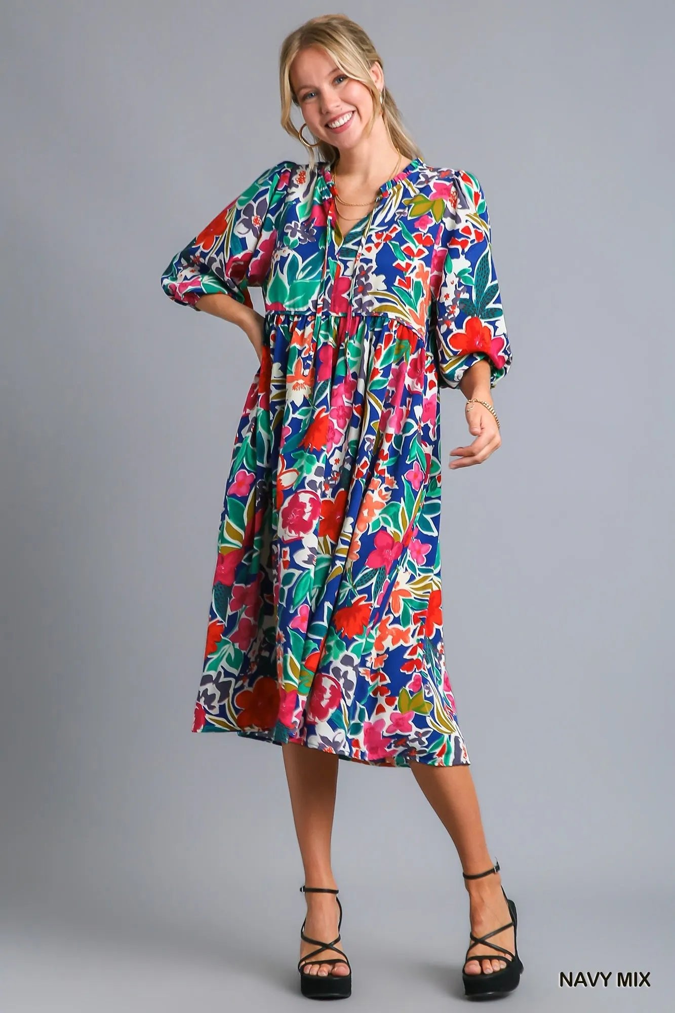 Umgee Floral Print Tie Neck Midi Dress with Pockets - Jennie Dots