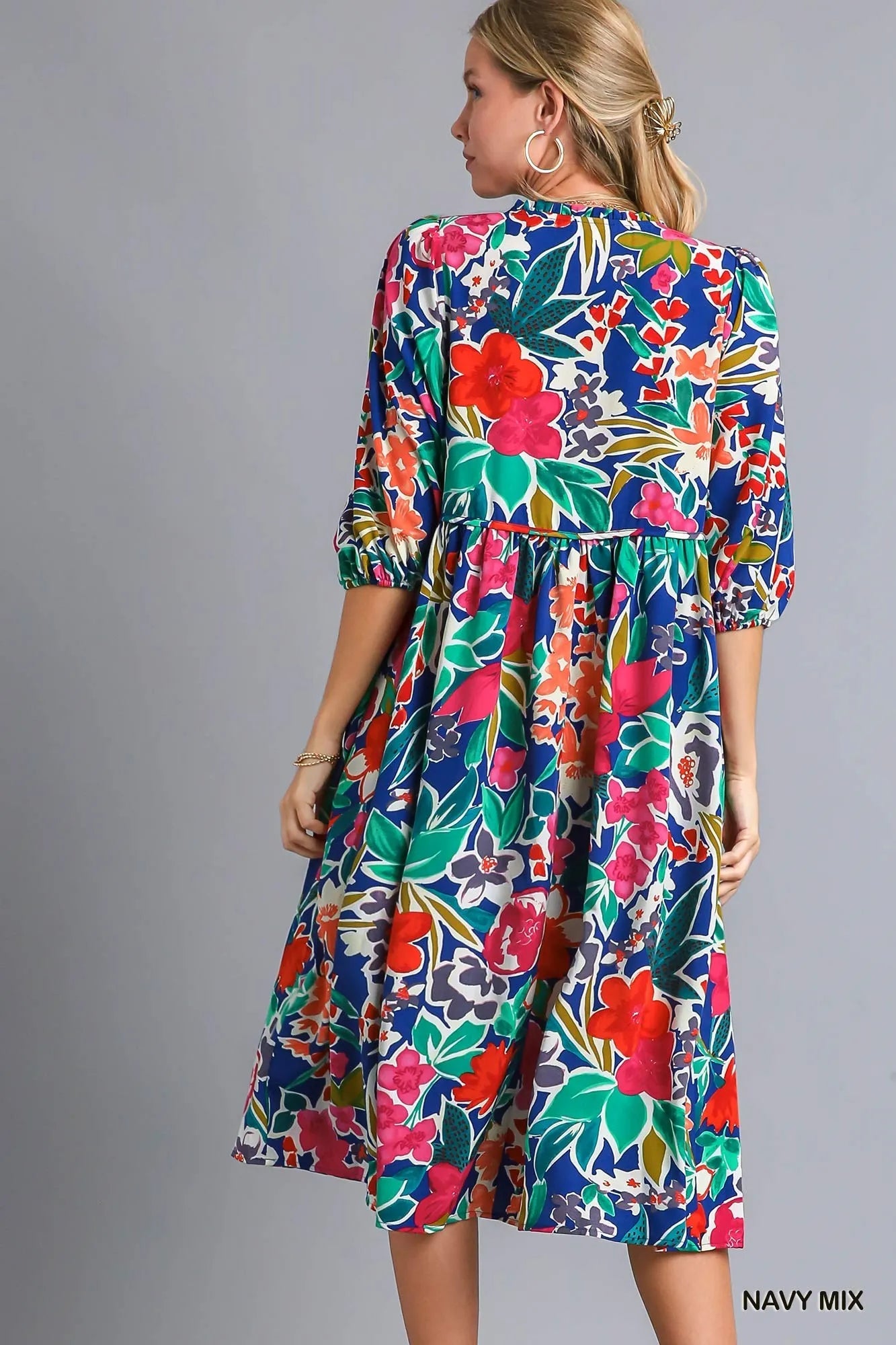 Umgee Floral Print Tie Neck Midi Dress with Pockets - Jennie Dots