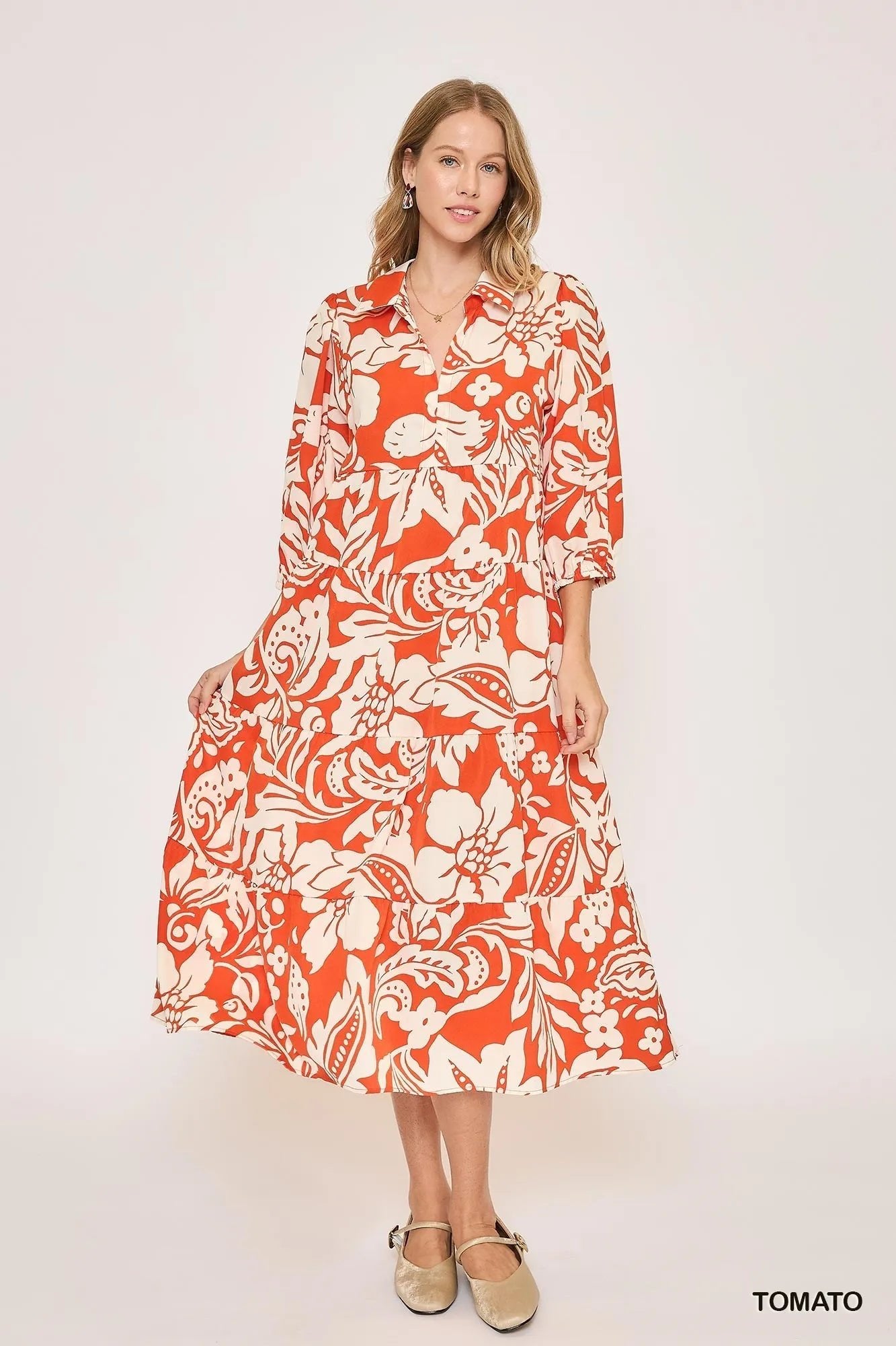 Umgee Floral Print Tiered Midi Dress - Jennie Dots