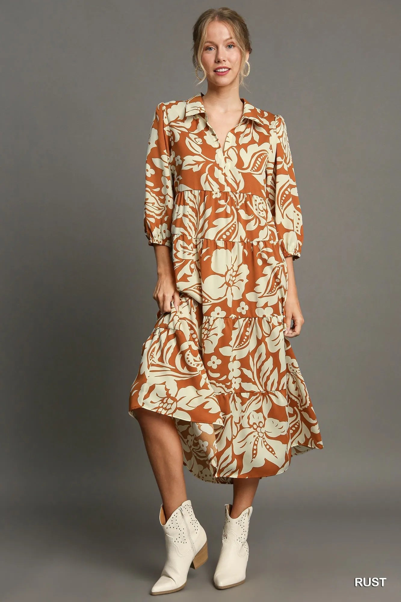 Umgee Floral Tiered Midi Shirt Dress - Jennie Dots