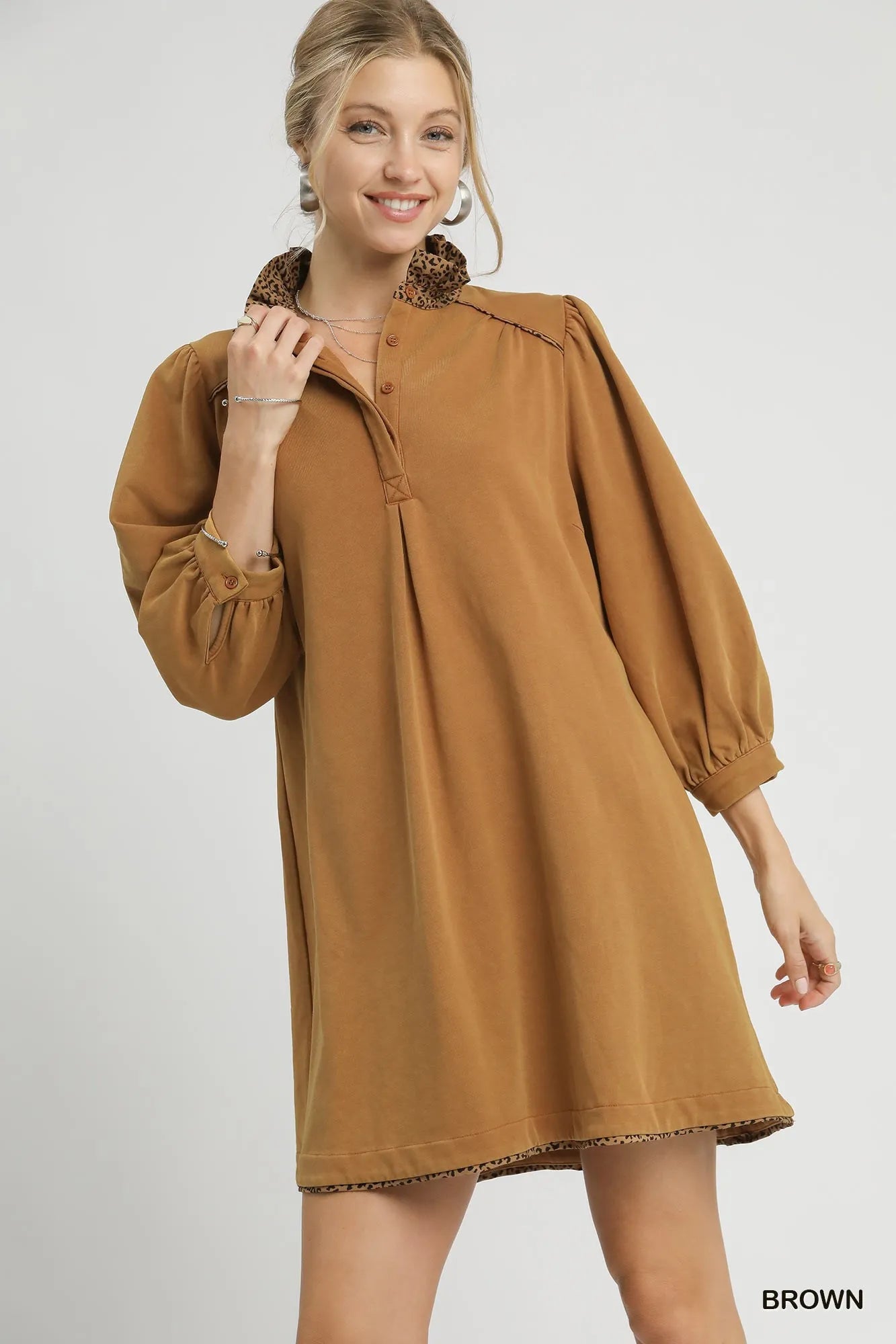Umgee French Terry Balloon Sleeve Shift Dress with Leopard Print Detail - Jennie Dots