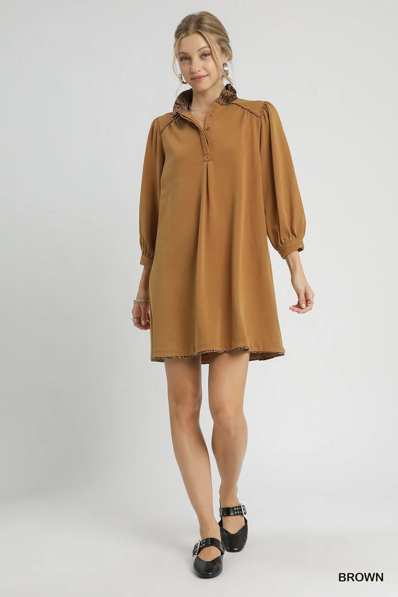 Umgee French Terry Balloon Sleeve Shift Dress with Leopard Print Detail - Jennie Dots