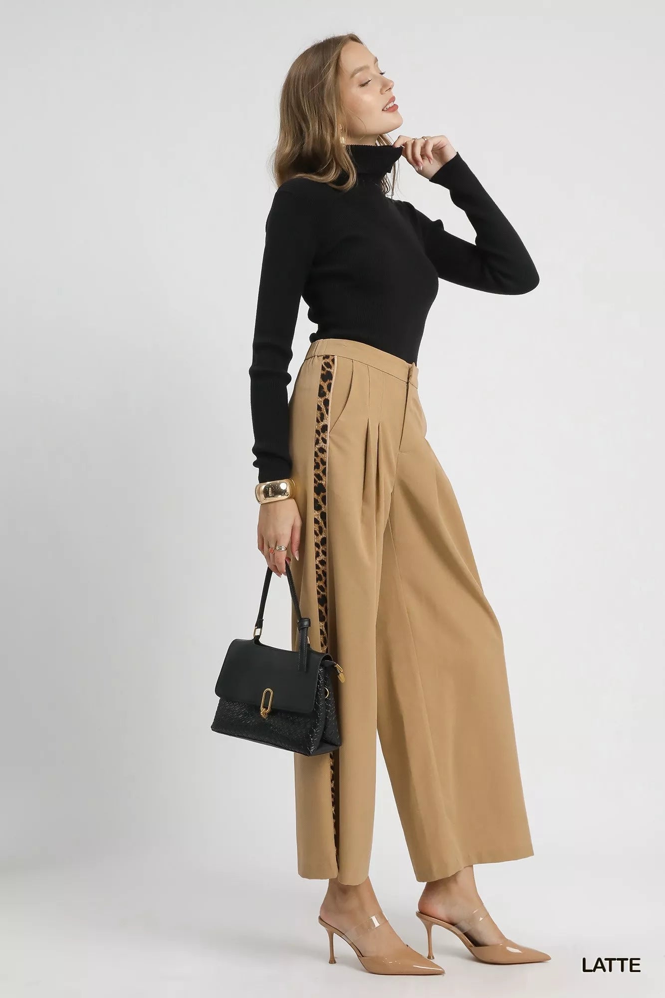 Umgee Front Pleated Wide - Leg Pants with Contrast Trim - Jennie Dots