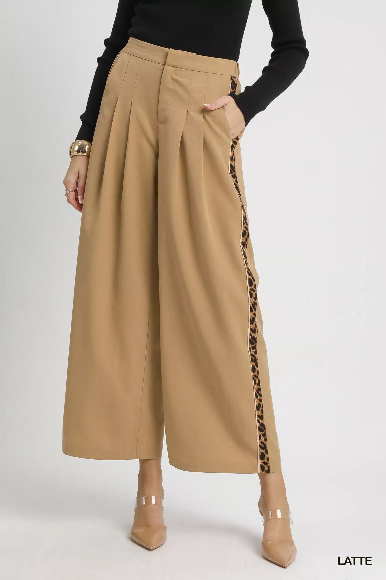 Umgee Front Pleated Wide - Leg Pants with Contrast Trim - Jennie Dots