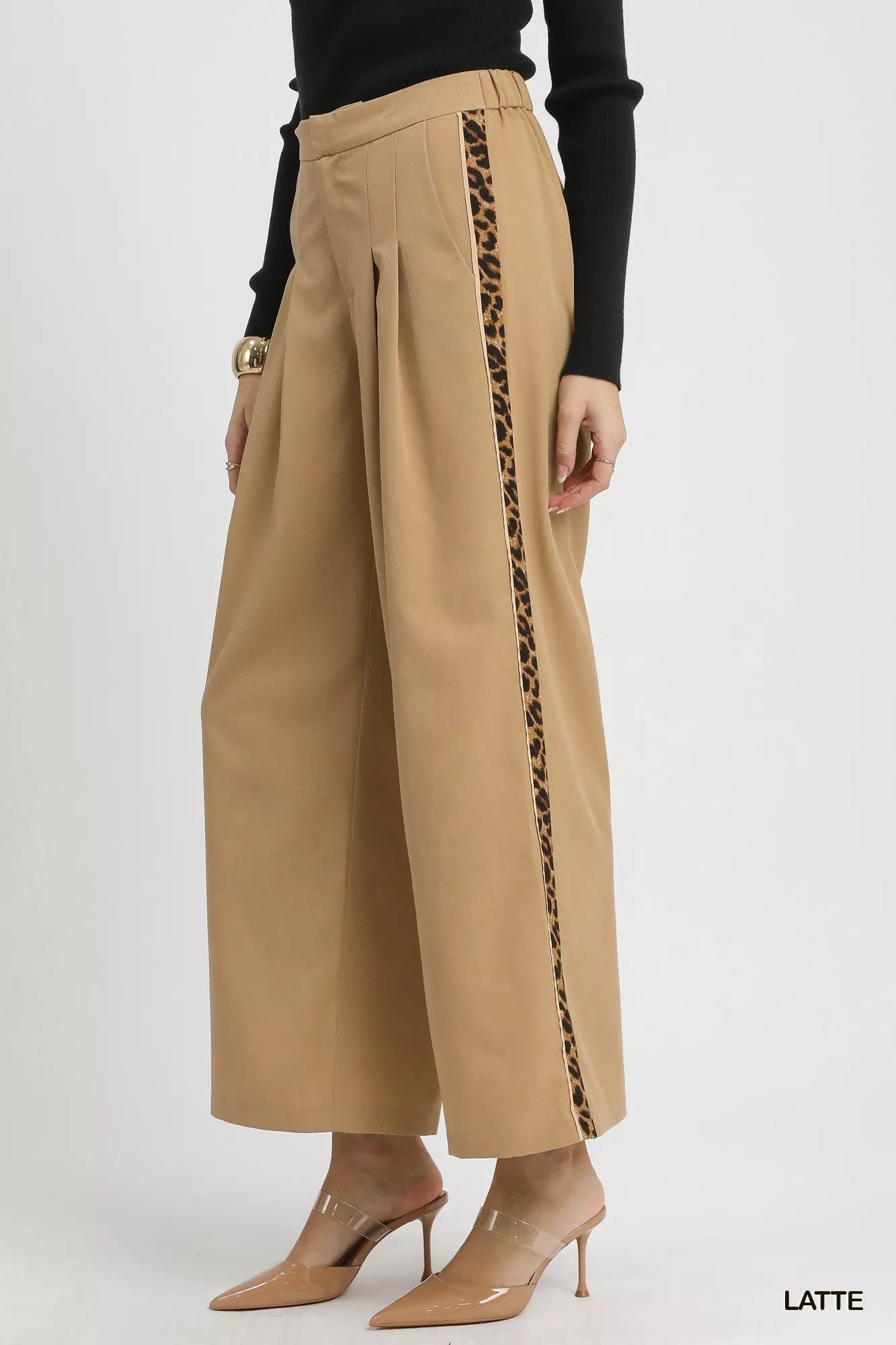 Umgee Front Pleated Wide - Leg Pants with Contrast Trim - Jennie Dots