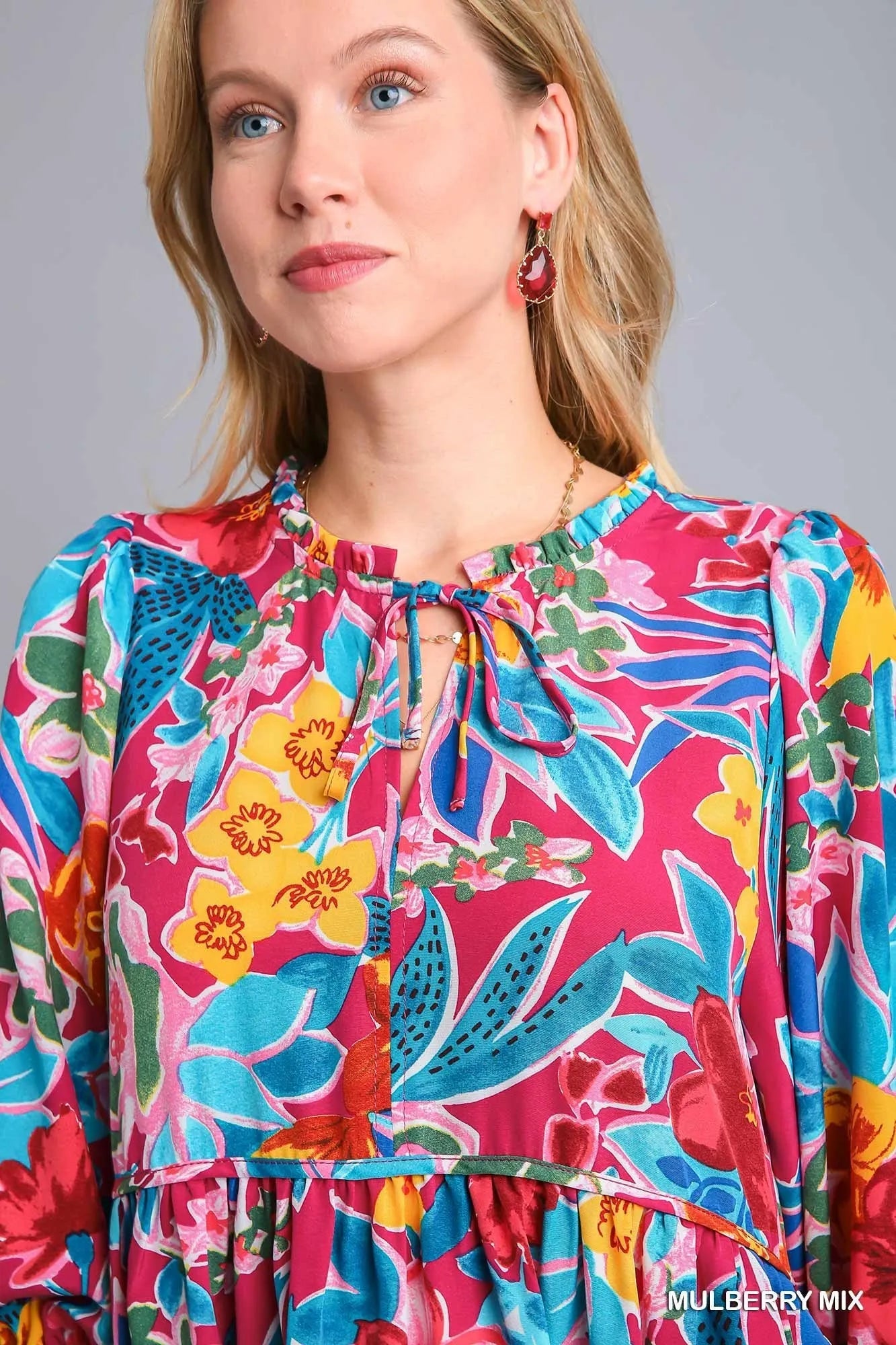 Umgee Full Size Floral Print Tie Neck Midi Dress with Pockets Plus Size - Jennie Dots
