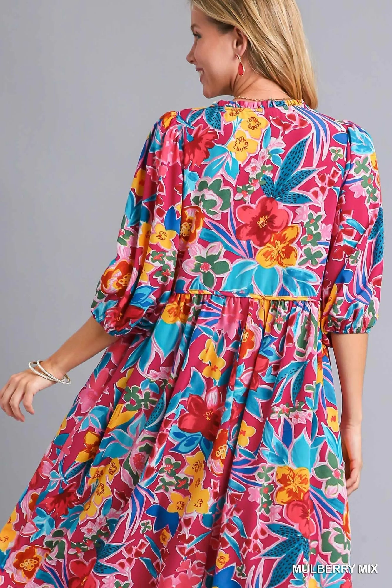 Umgee Full Size Floral Print Tie Neck Midi Dress with Pockets Plus Size - Jennie Dots
