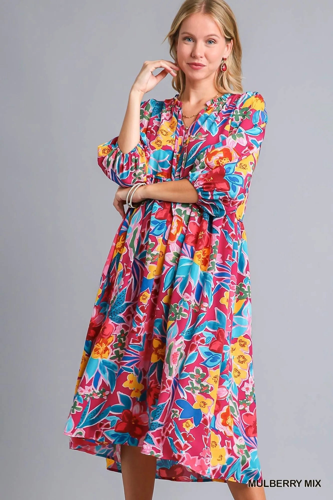 Umgee Full Size Floral Print Tie Neck Midi Dress with Pockets Plus Size - Jennie Dots