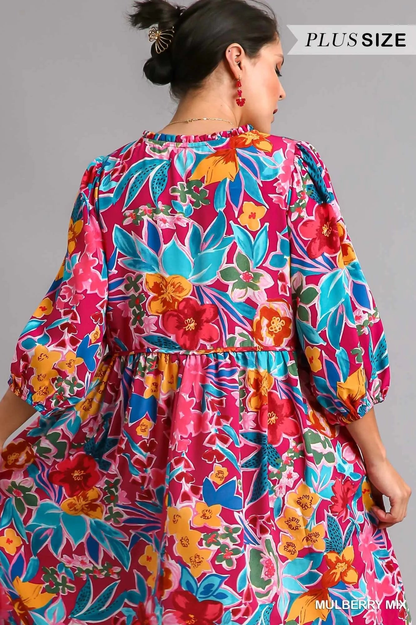 Umgee Full Size Floral Print Tie Neck Midi Dress with Pockets Plus Size - Jennie Dots
