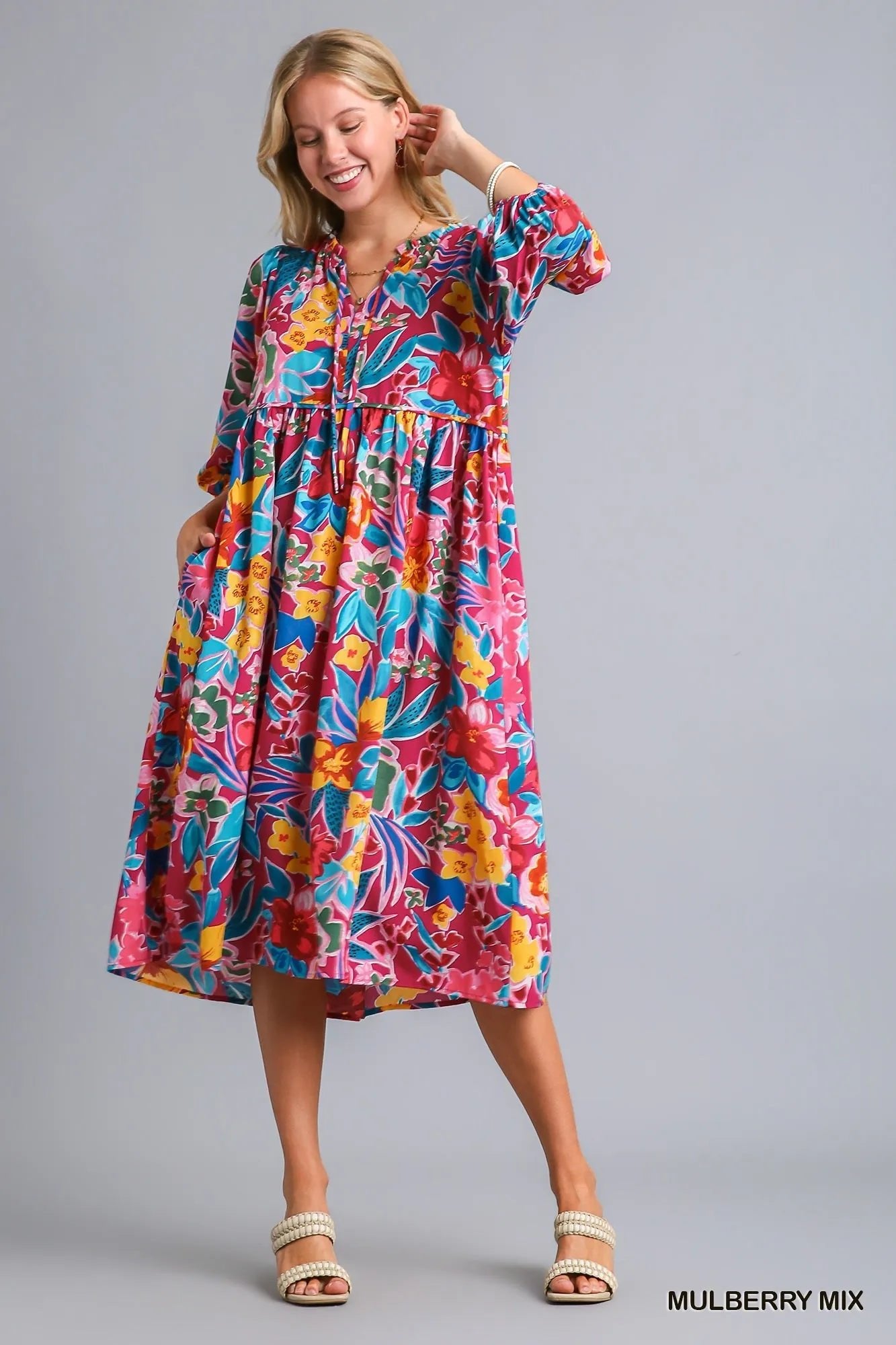 Umgee Full Size Floral Print Tie Neck Midi Dress with Pockets Plus Size - Jennie Dots