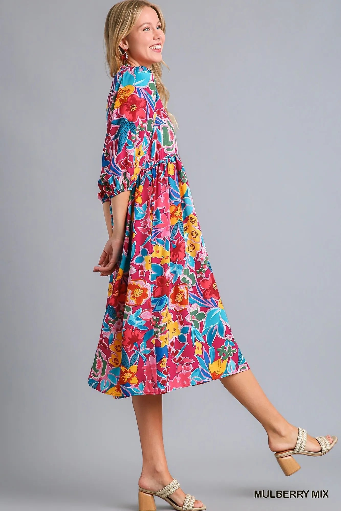 Umgee Full Size Floral Print Tie Neck Midi Dress with Pockets Plus Size - Jennie Dots