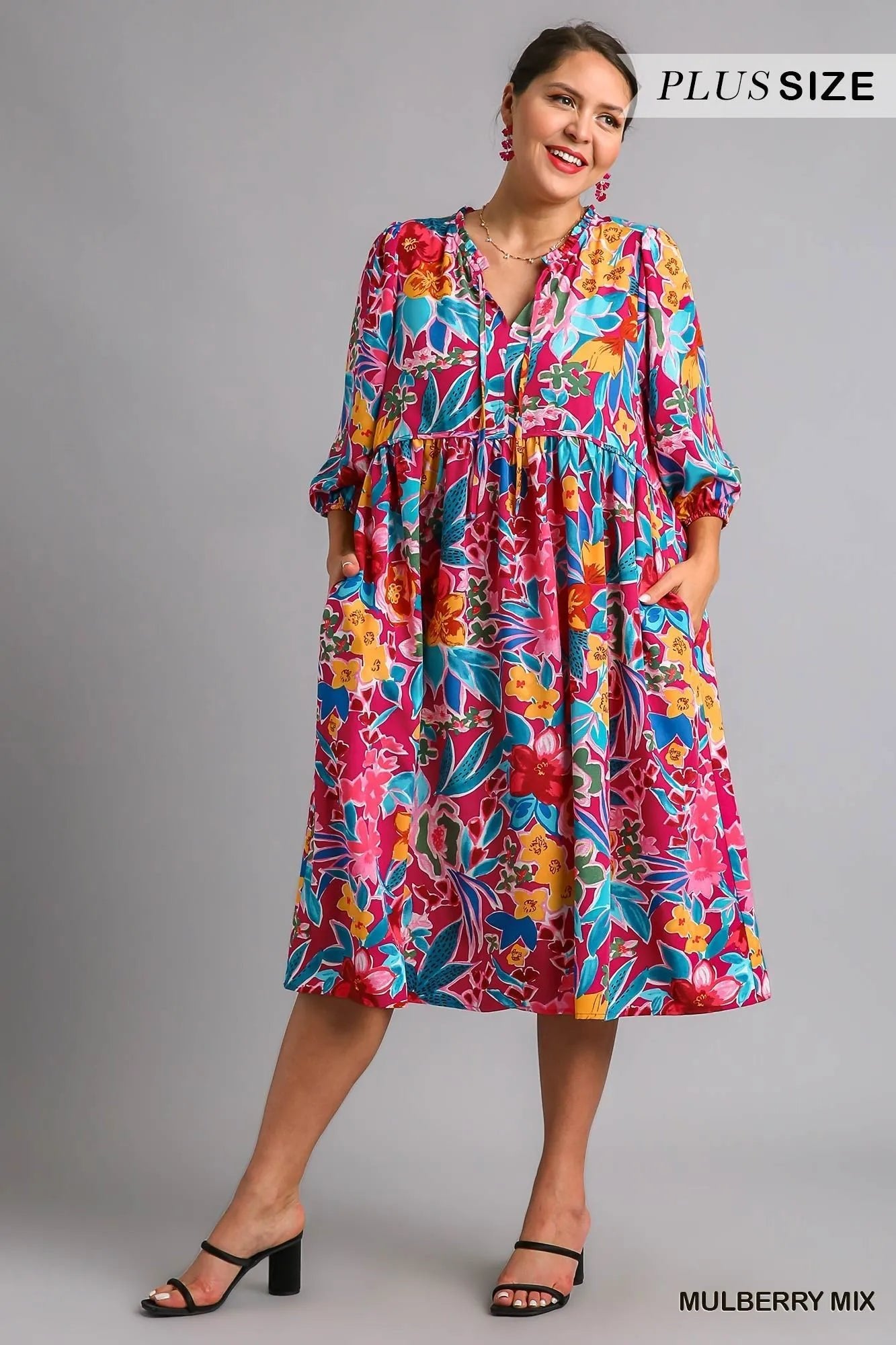 Umgee Full Size Floral Print Tie Neck Midi Dress with Pockets Plus Size - Jennie Dots
