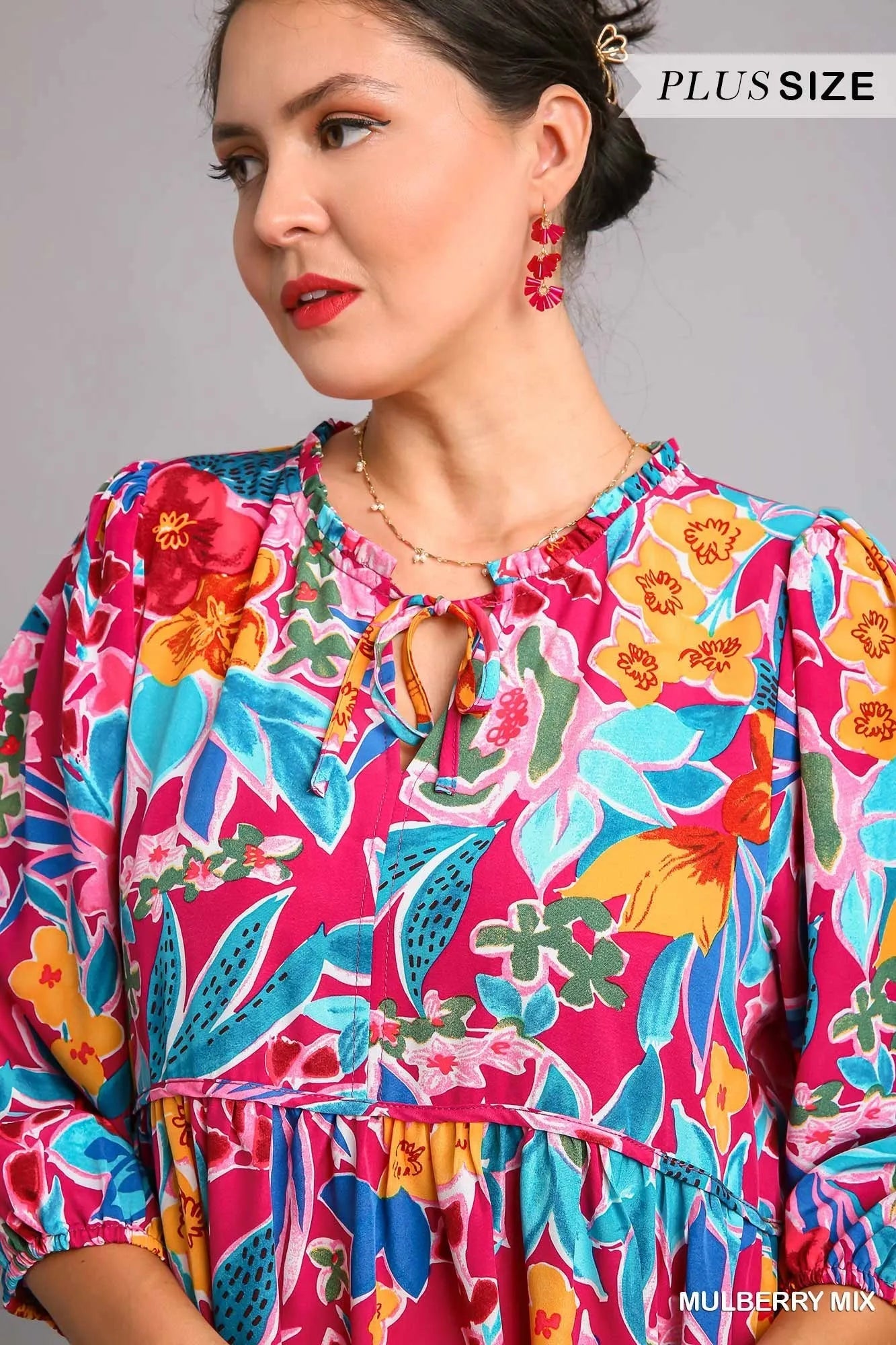 Umgee Full Size Floral Print Tie Neck Midi Dress with Pockets Plus Size - Jennie Dots