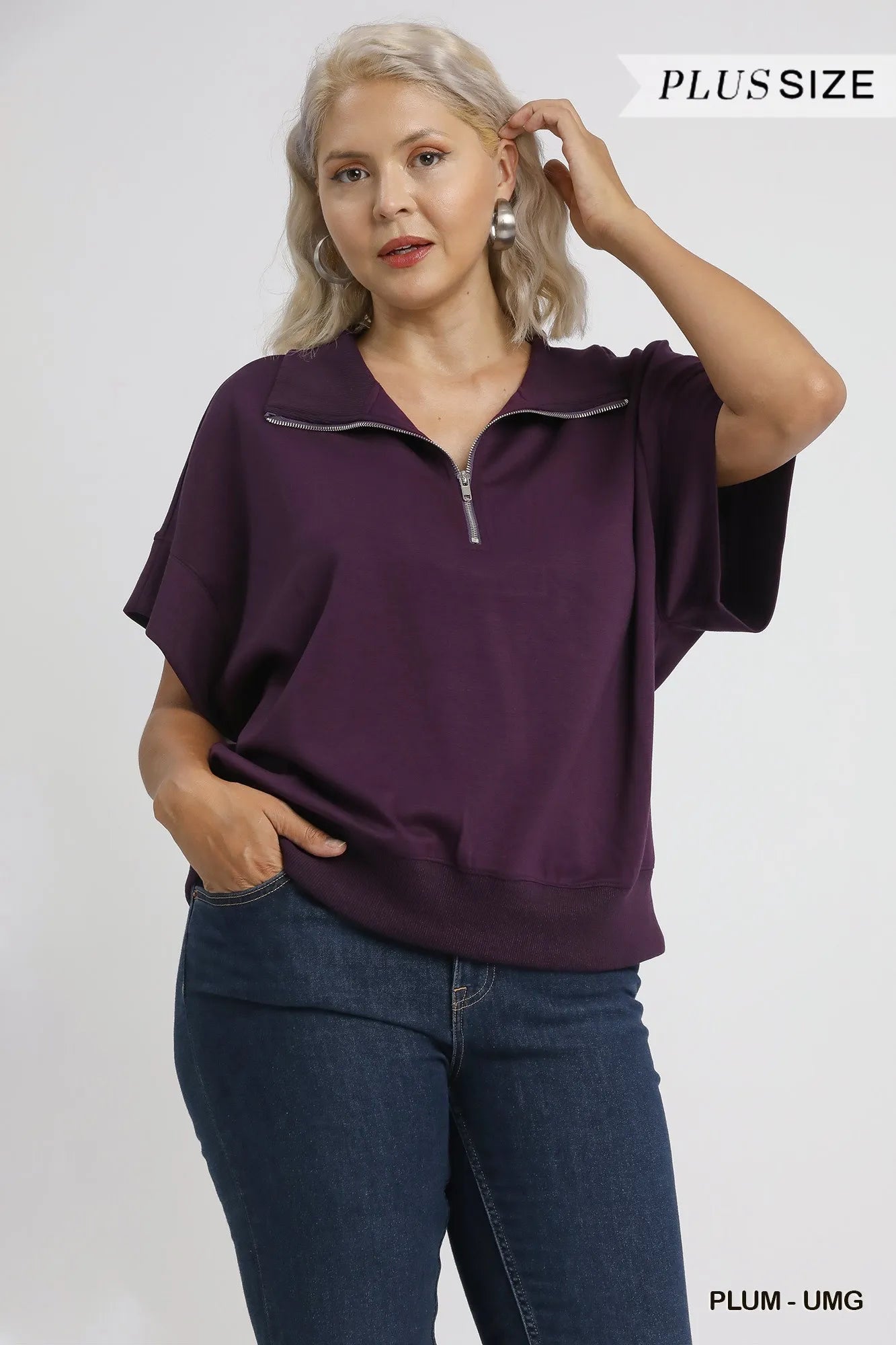 Umgee Full Size Half - Zip Short Sleeve Top Plus Size - Jennie Dots