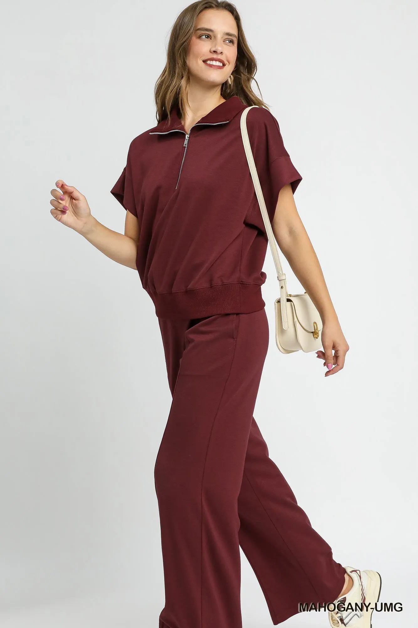 Umgee Full Size Half - Zip Short Sleeve Top Plus Size - Jennie Dots