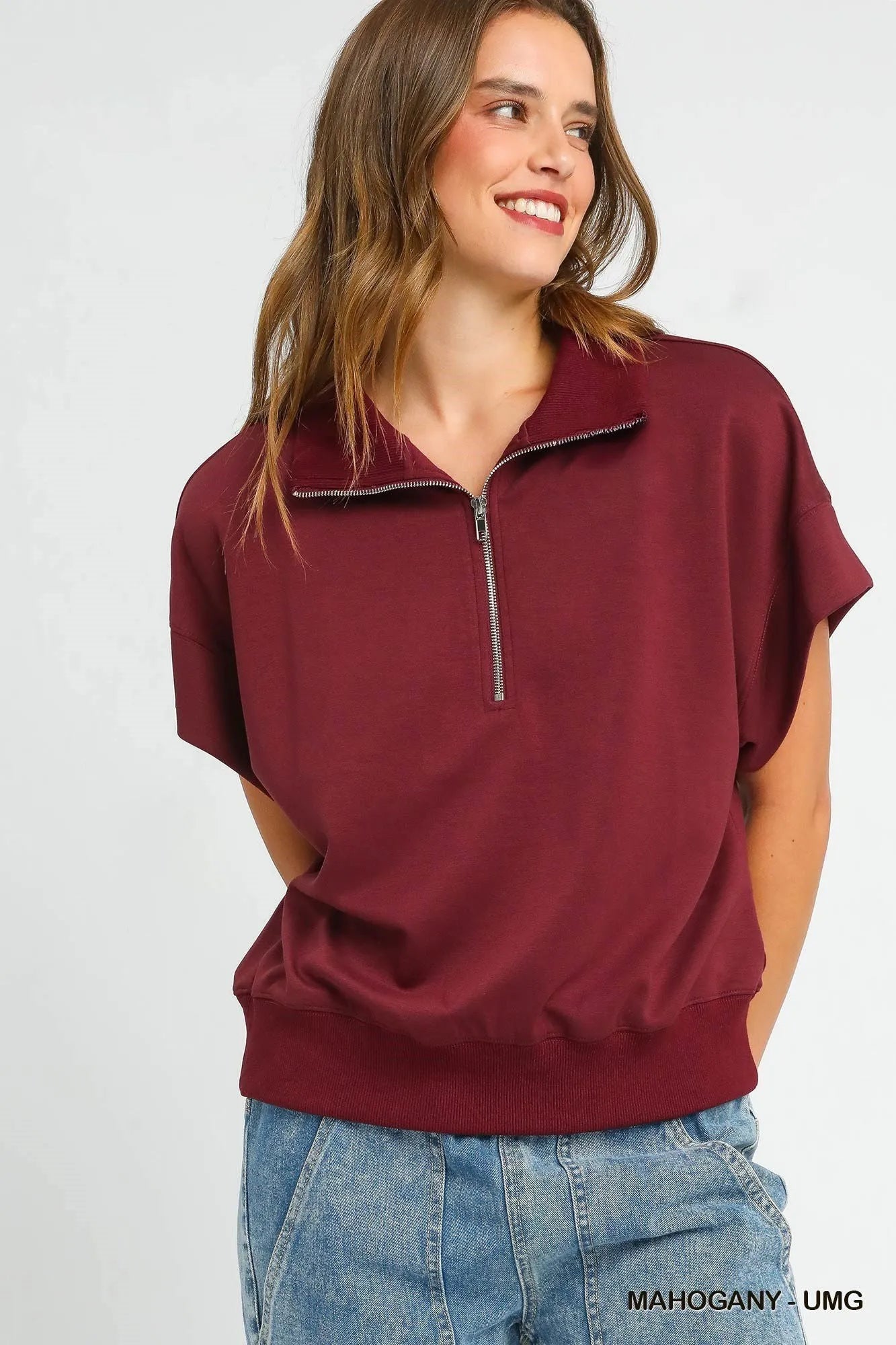 Umgee Full Size Half - Zip Short Sleeve Top Plus Size - Jennie Dots