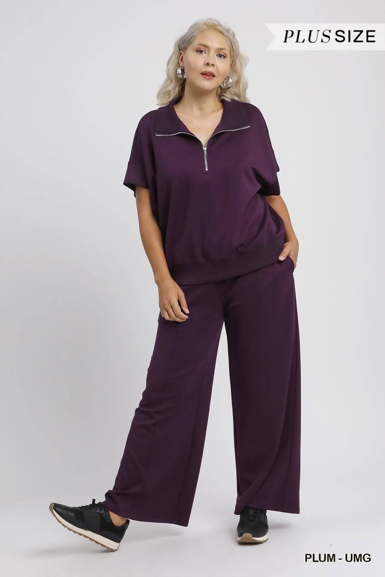 Umgee Full Size Half - Zip Short Sleeve Top Plus Size - Jennie Dots