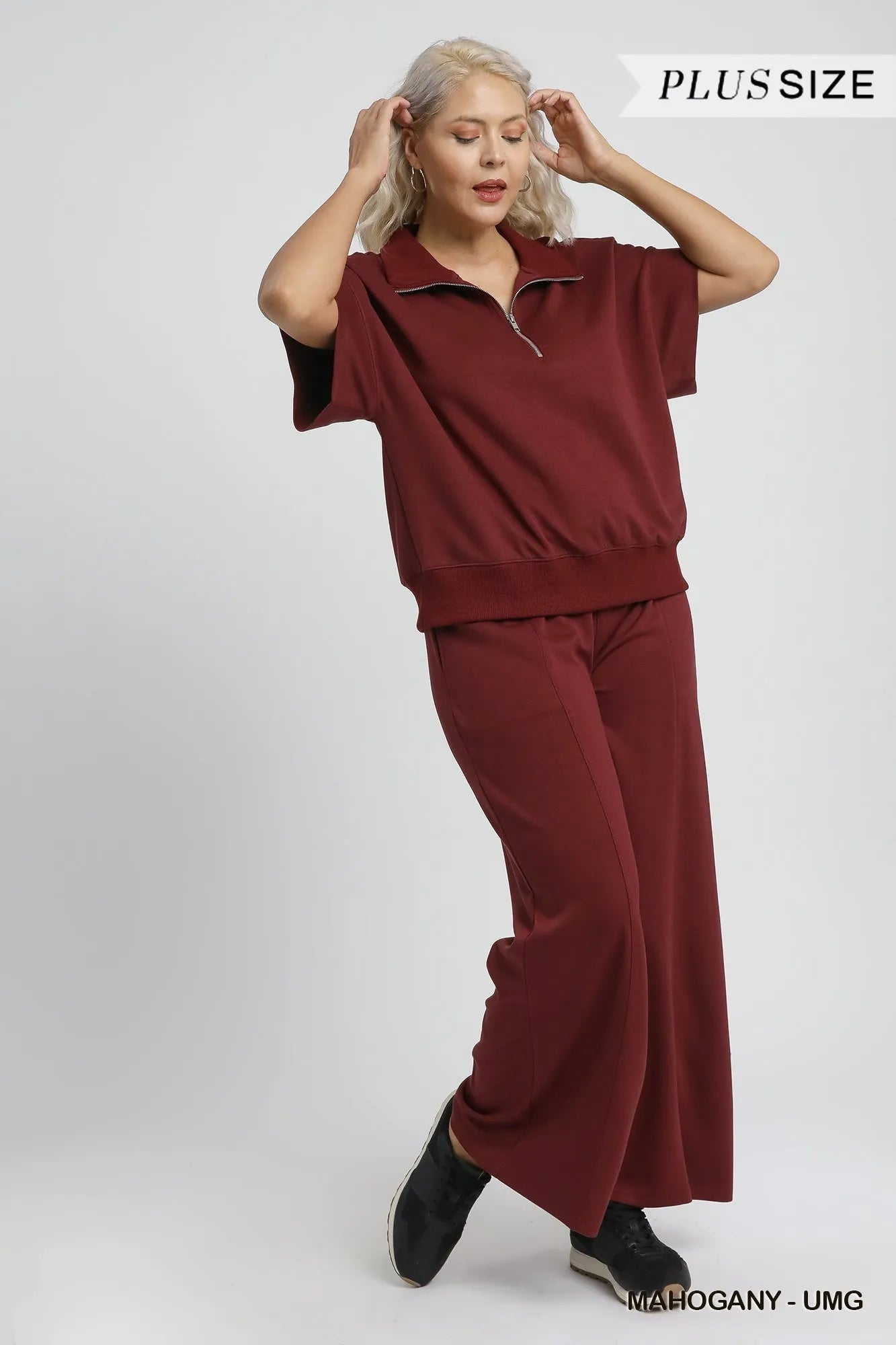 Umgee Full Size Half - Zip Short Sleeve Top Plus Size - Jennie Dots