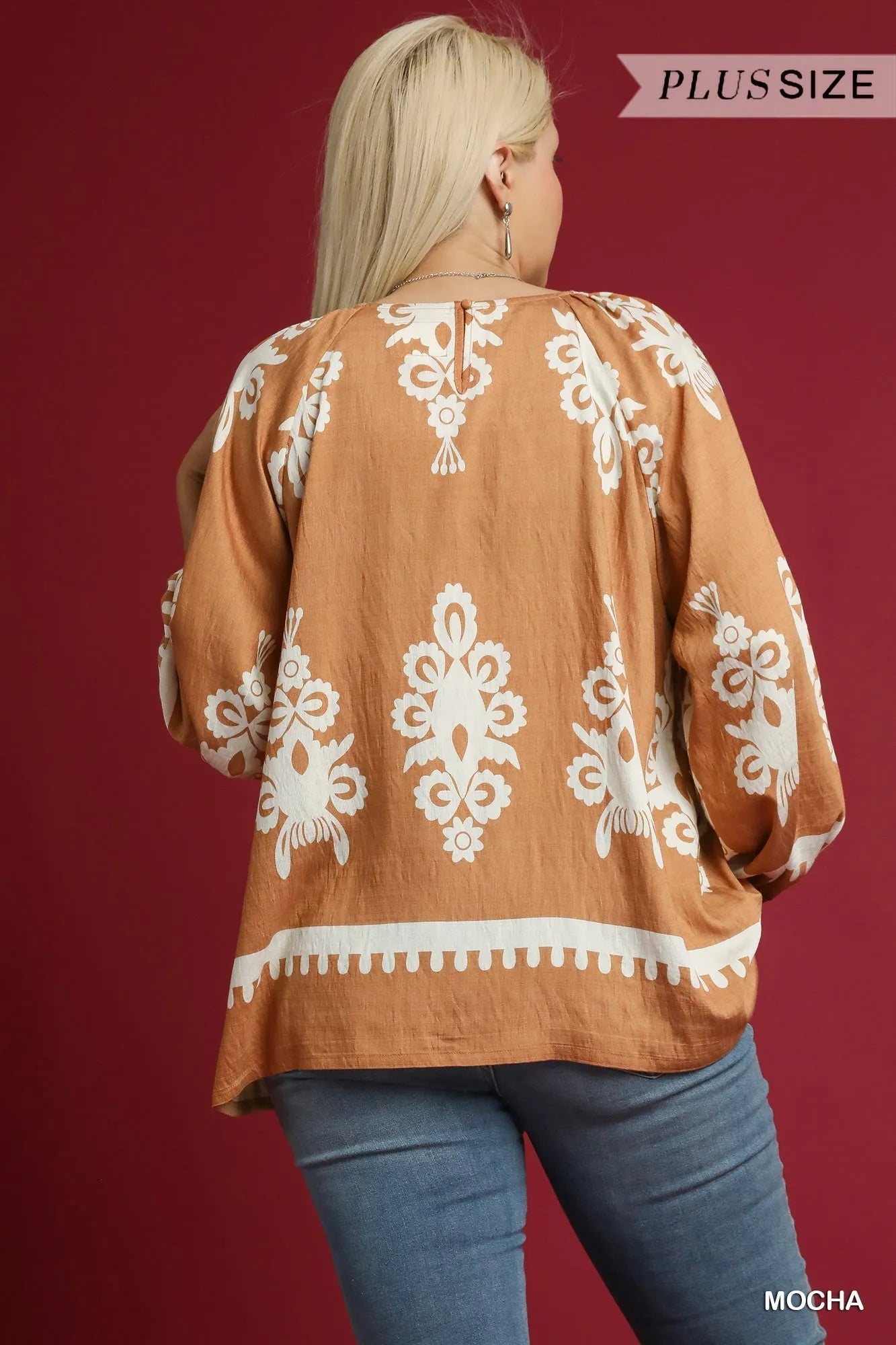 Umgee Full Size Two Tone Border Print Top with Balloon Sleeves Plus Size - Jennie Dots