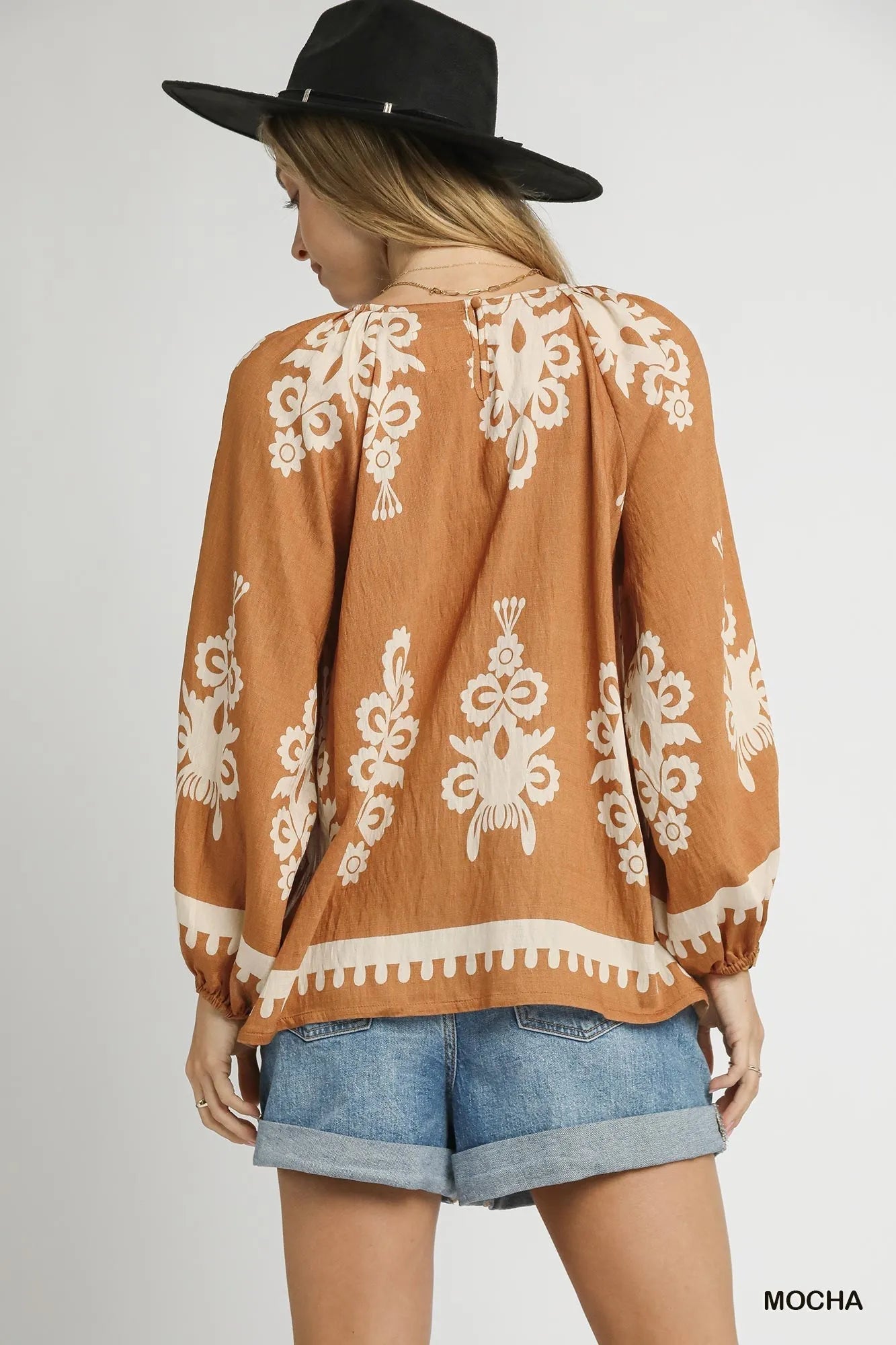 Umgee Full Size Two Tone Border Print Top with Balloon Sleeves Plus Size - Jennie Dots
