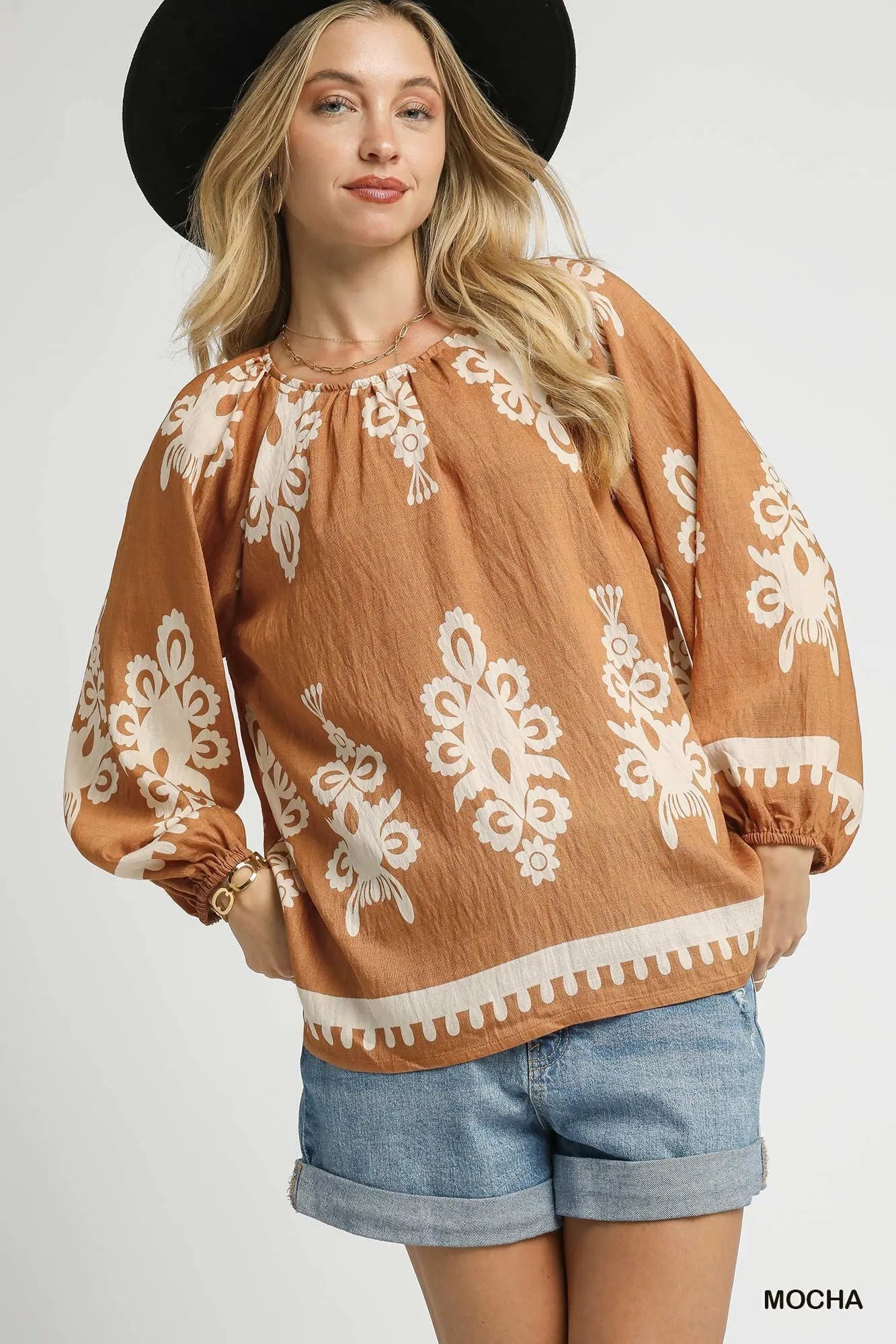 Umgee Full Size Two Tone Border Print Top with Balloon Sleeves Plus Size - Jennie Dots