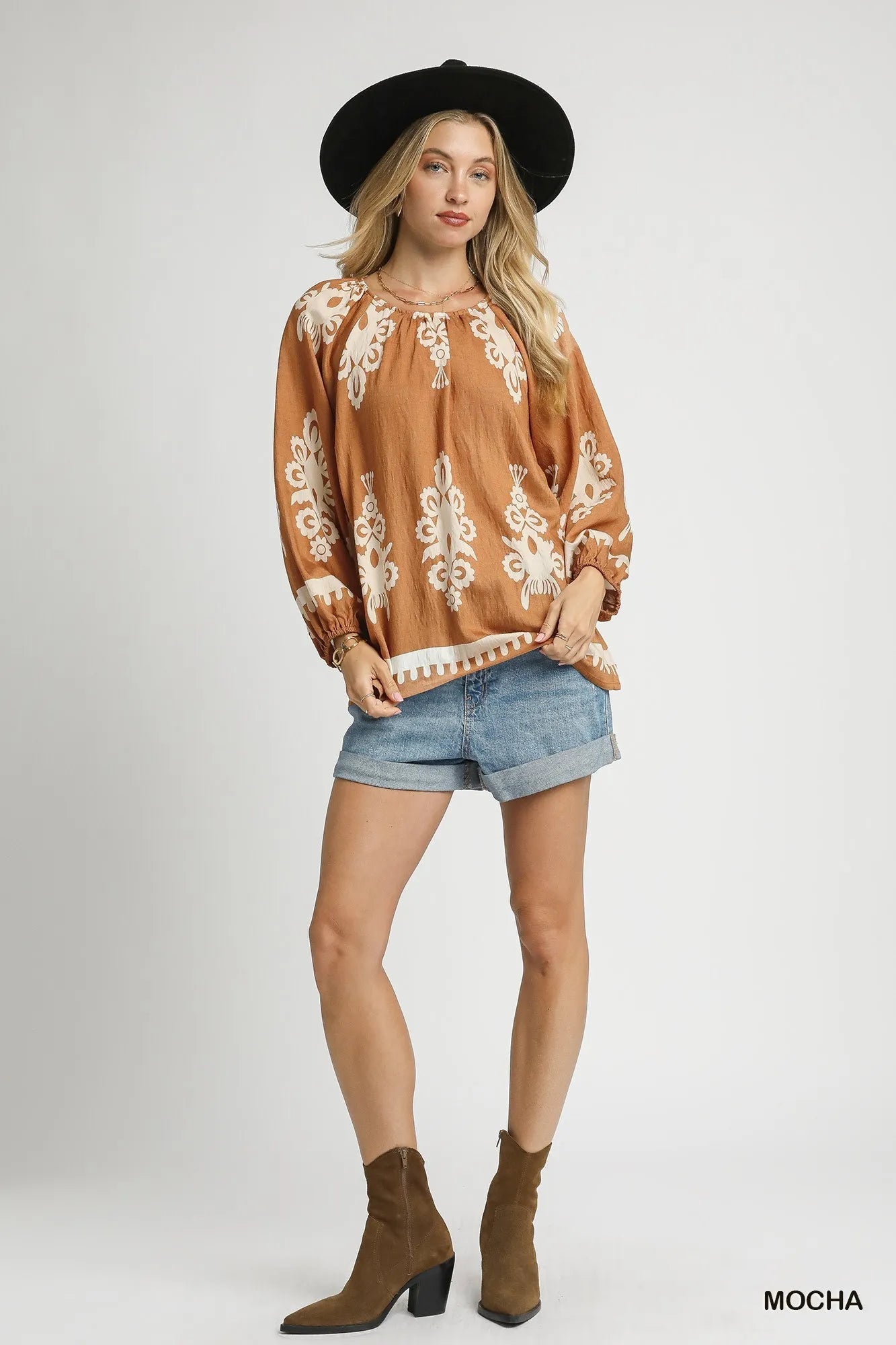 Umgee Full Size Two Tone Border Print Top with Balloon Sleeves Plus Size - Jennie Dots