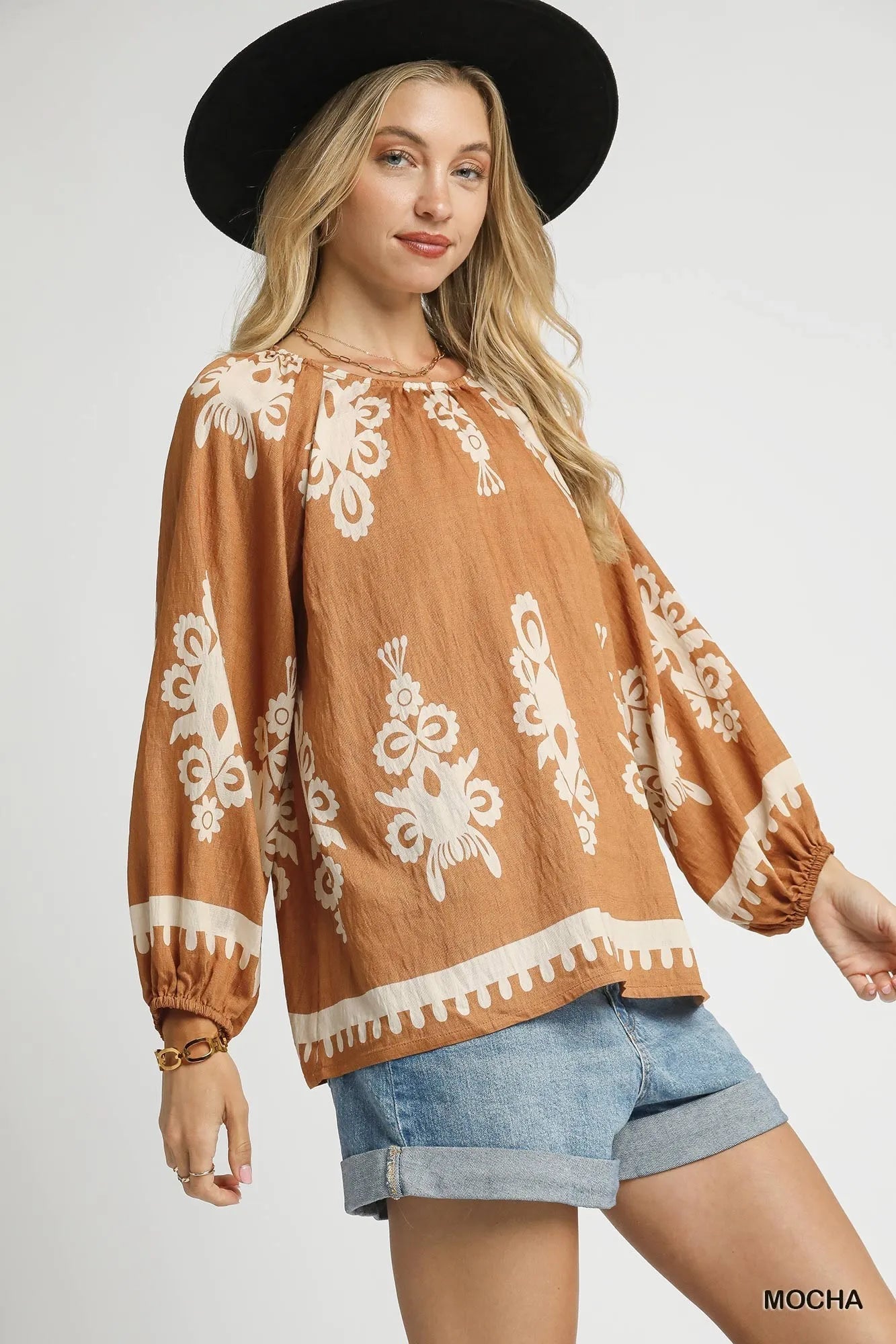 Umgee Full Size Two Tone Border Print Top with Balloon Sleeves Plus Size - Jennie Dots