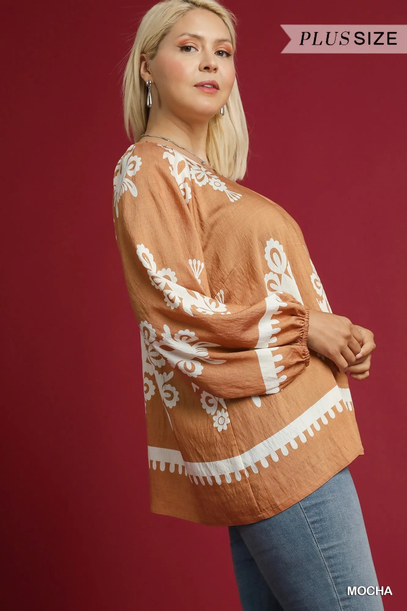 Umgee Full Size Two Tone Border Print Top with Balloon Sleeves Plus Size - Jennie Dots