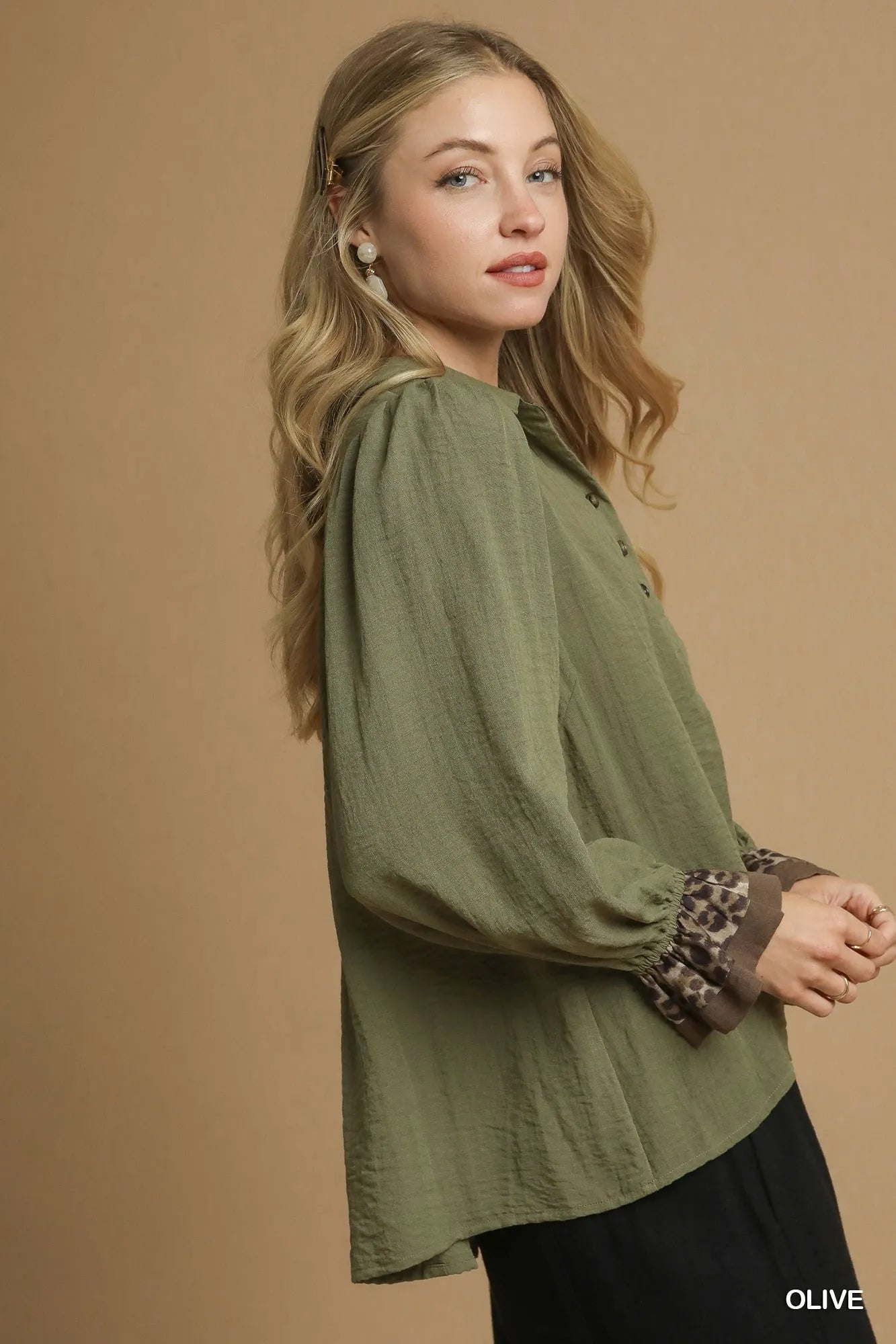 Umgee Half Button Blouse with Leopard Print Trim - Jennie Dots