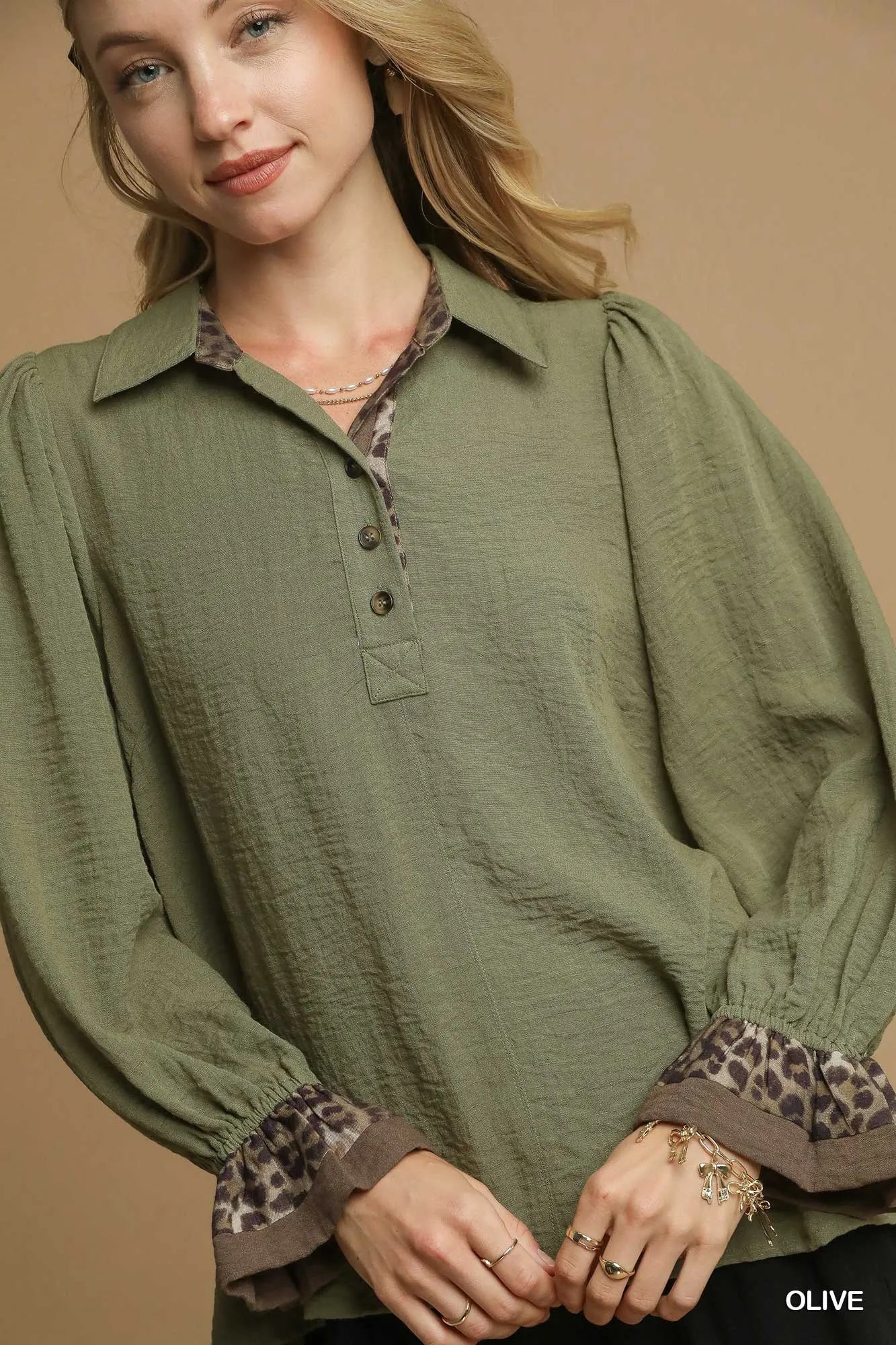 Umgee Half Button Blouse with Leopard Print Trim - Jennie Dots