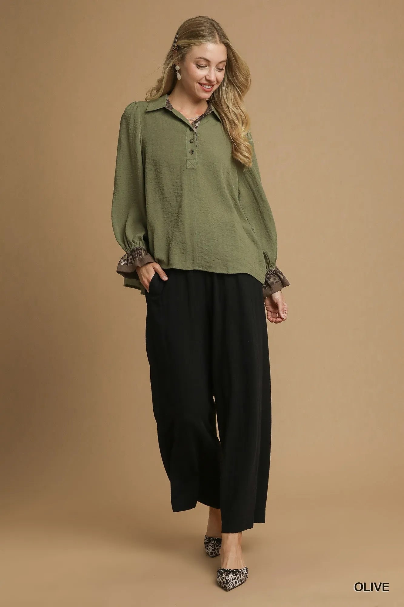 Umgee Half Button Blouse with Leopard Print Trim - Jennie Dots