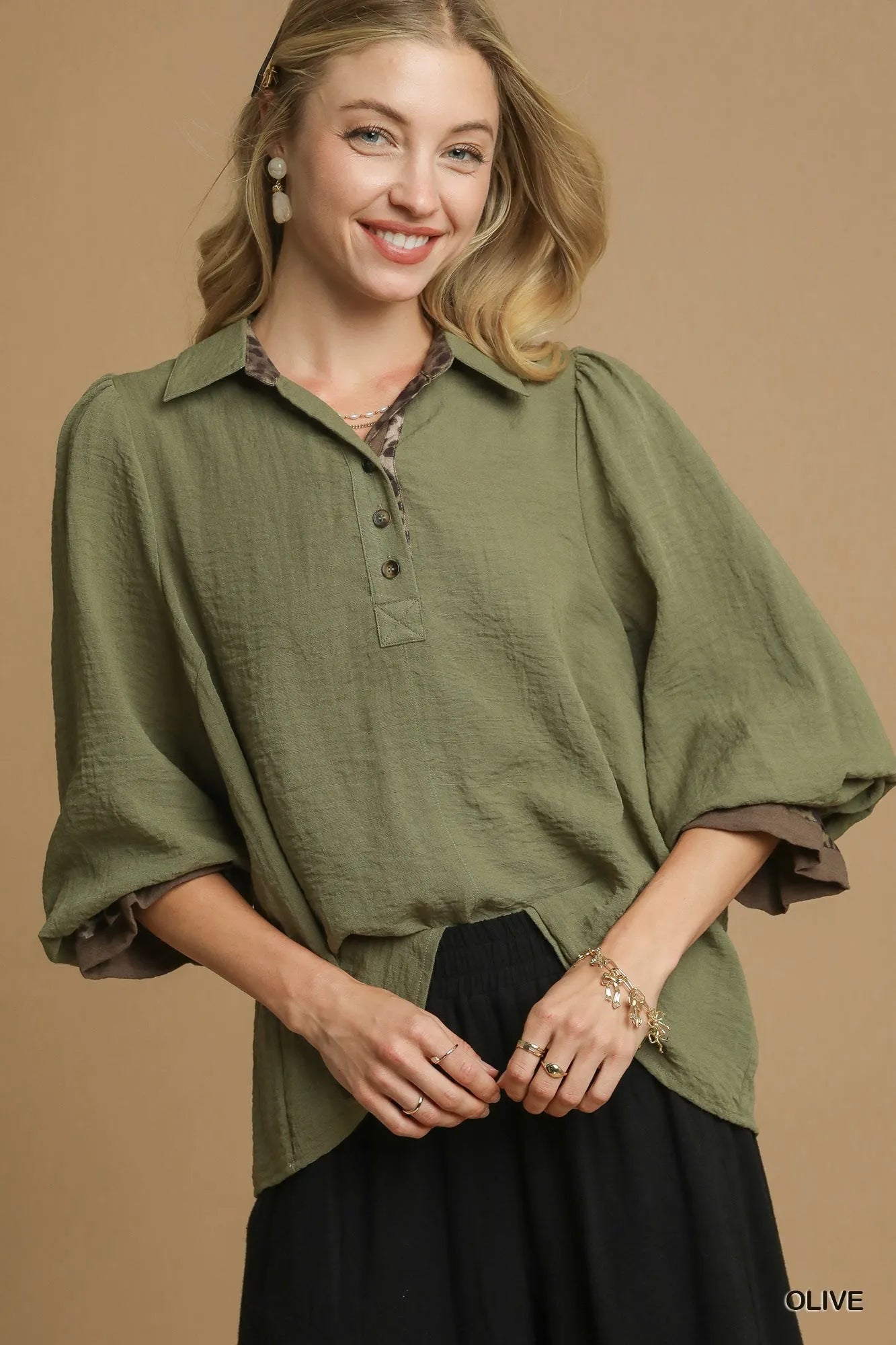Umgee Half Button Blouse with Leopard Print Trim - Jennie Dots