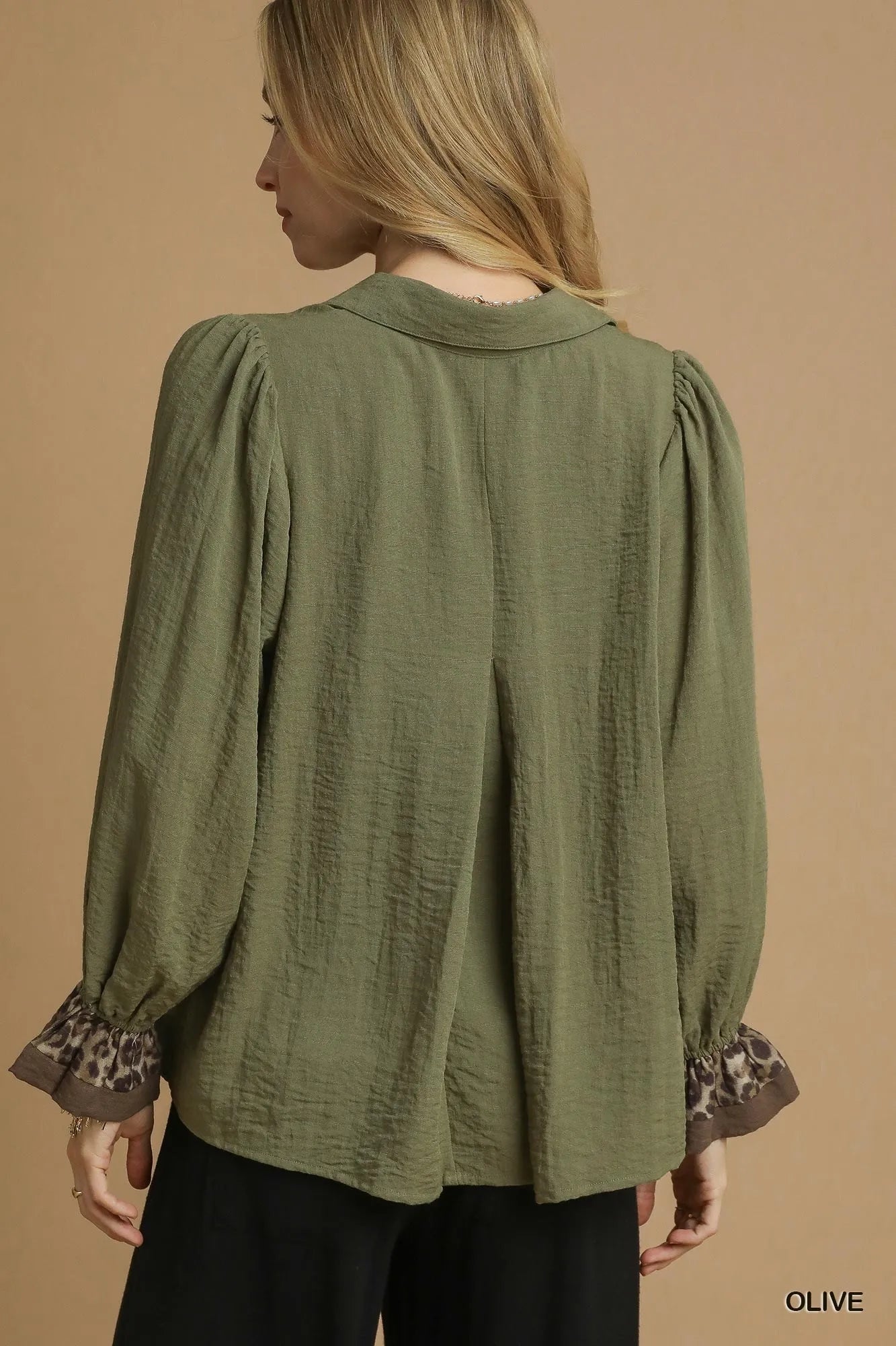 Umgee Half Button Blouse with Leopard Print Trim - Jennie Dots