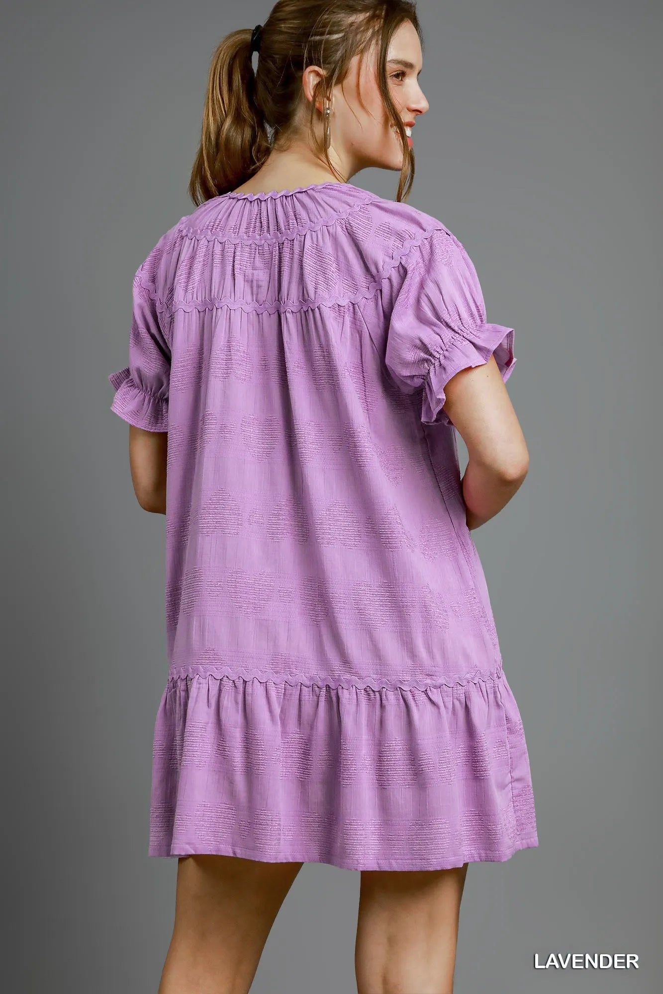 Umgee Heart Pattern Short Sleeve Ruffle Babydoll Dress - Jennie Dots