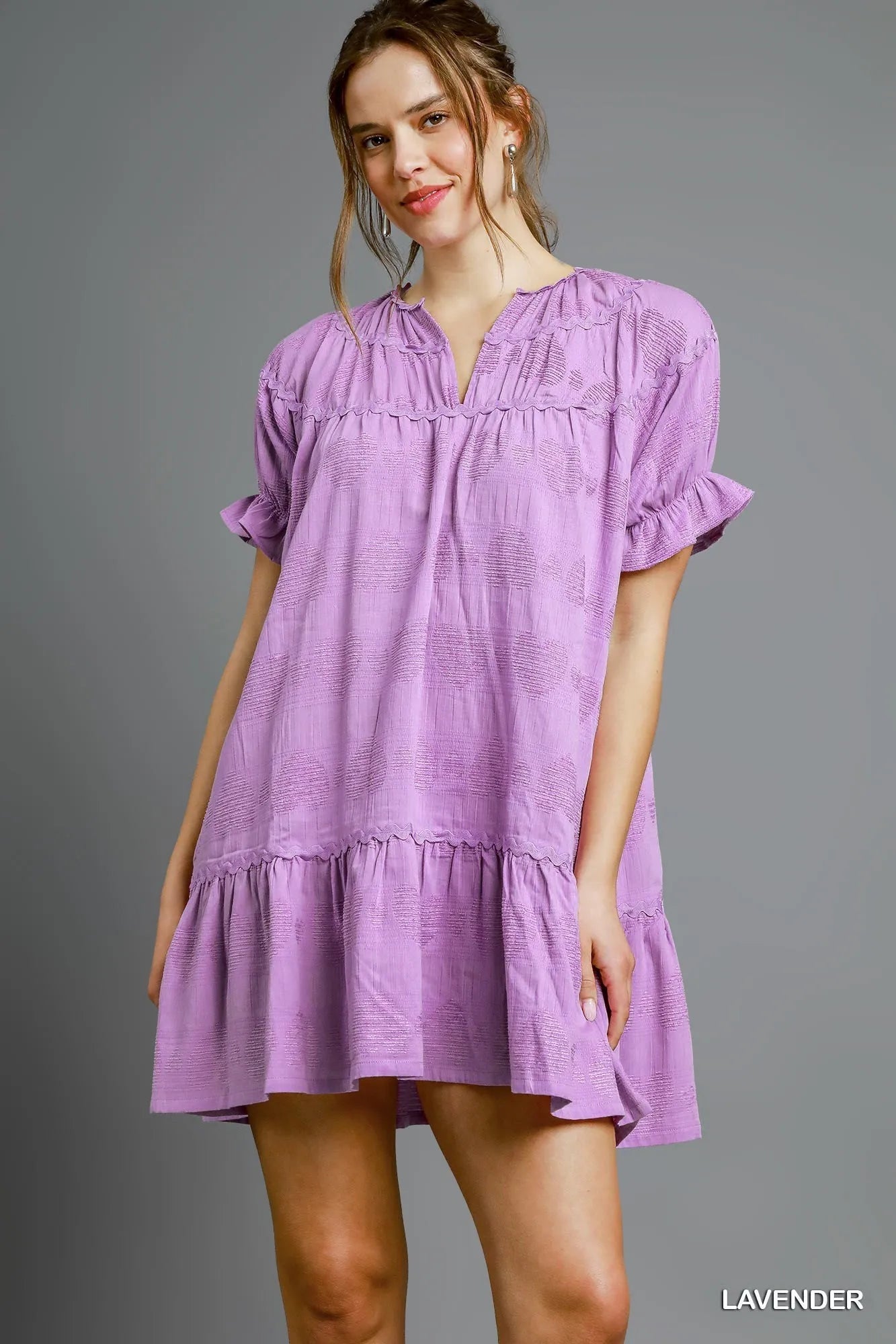 Umgee Heart Pattern Short Sleeve Ruffle Babydoll Dress - Jennie Dots