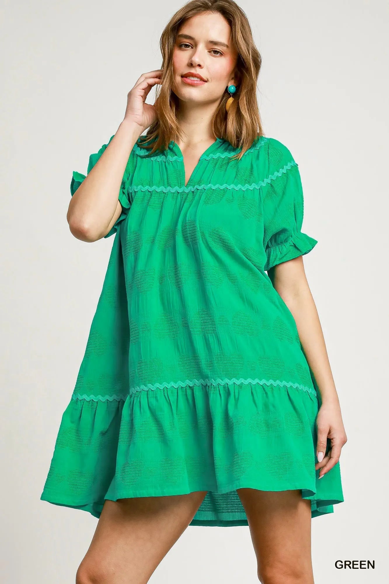 Umgee Heart Pattern Short Sleeve Ruffle Babydoll Dress - Jennie Dots