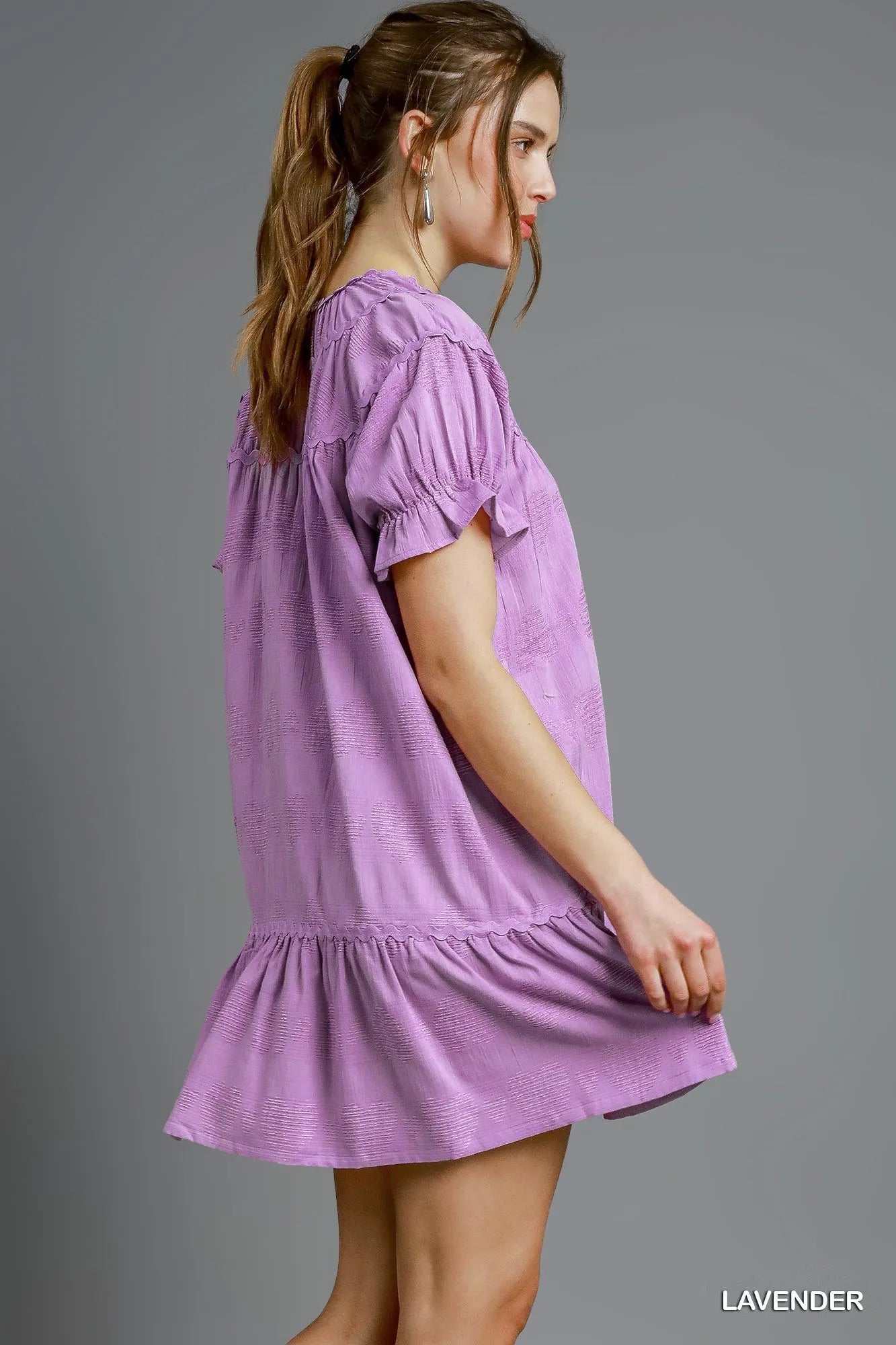 Umgee Heart Pattern Short Sleeve Ruffle Babydoll Dress - Jennie Dots