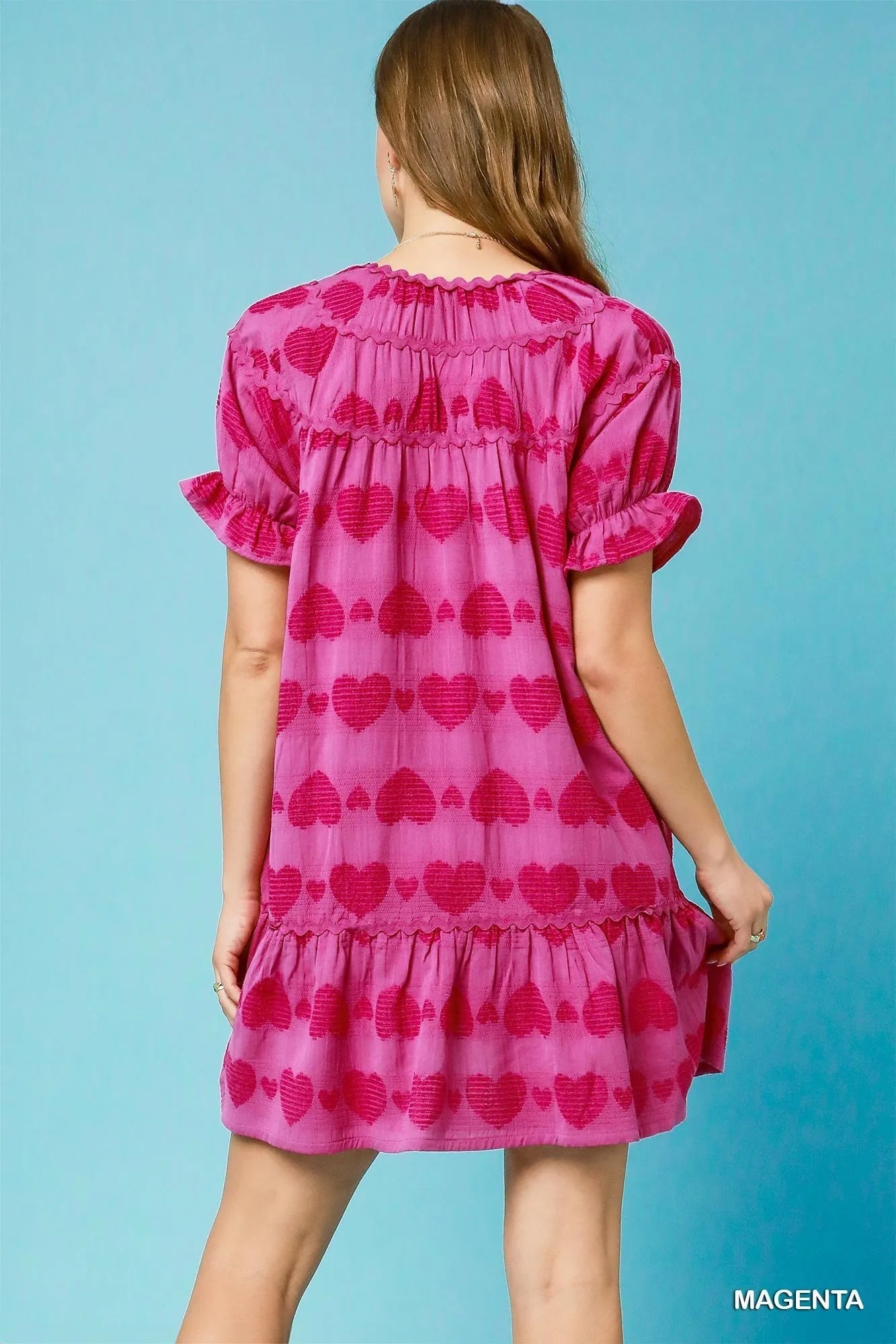 Umgee Heart Pattern Short Sleeve Ruffle Babydoll Dress - Jennie Dots