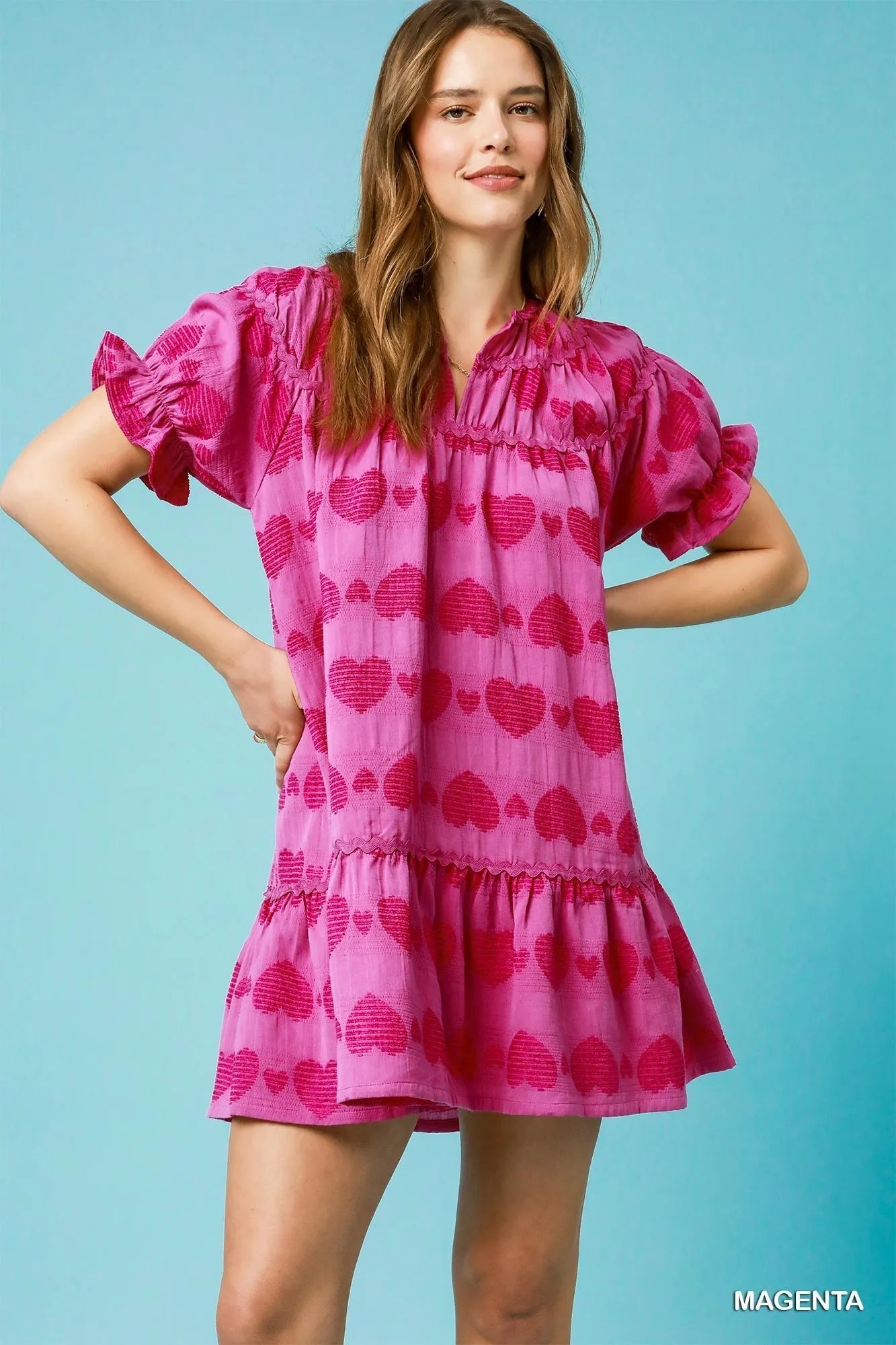 Umgee Heart Pattern Short Sleeve Ruffle Babydoll Dress - Jennie Dots