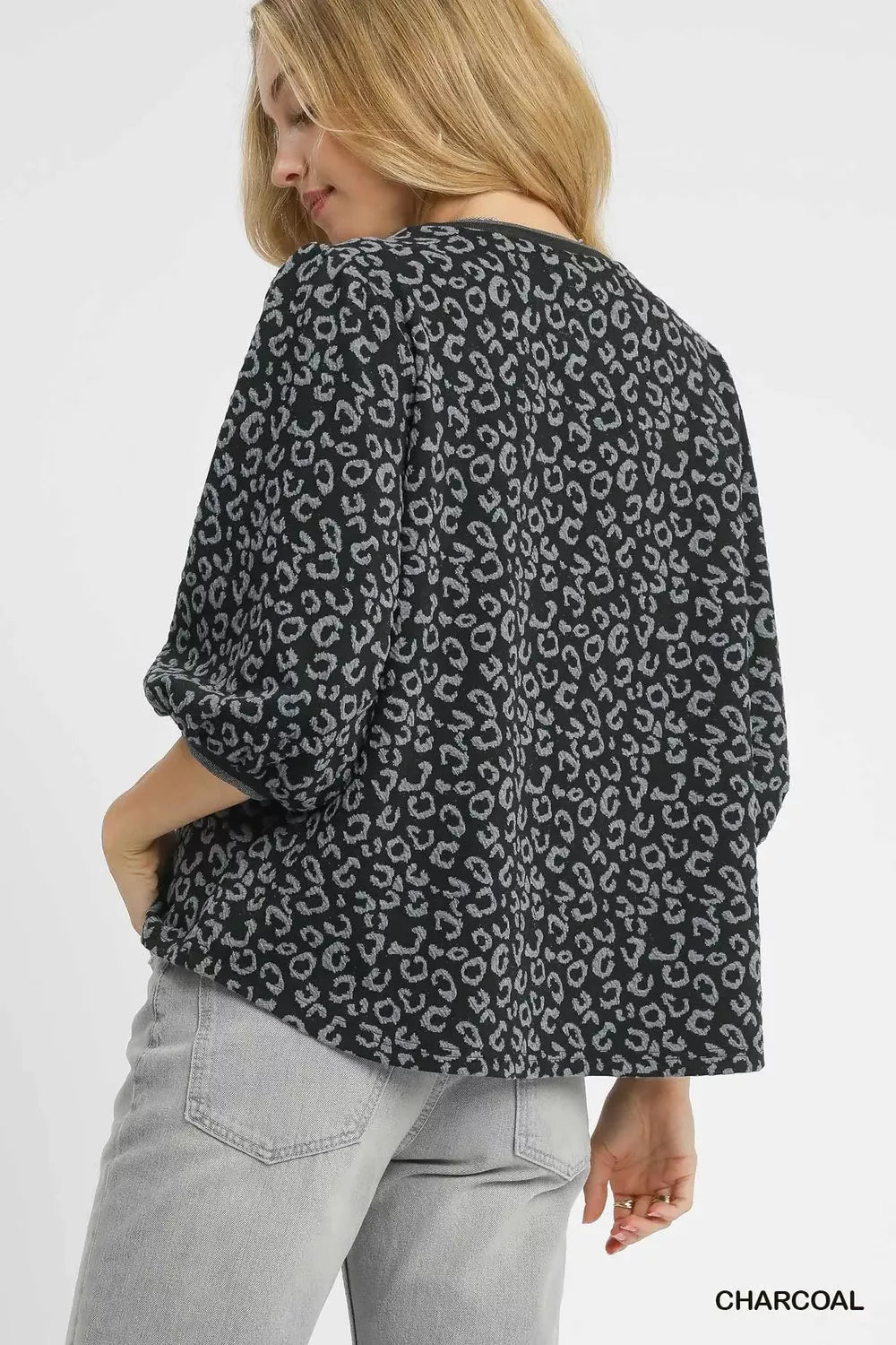 Umgee Leopard Print Jacquard Blouse with Puff Sleeves - Jennie Dots