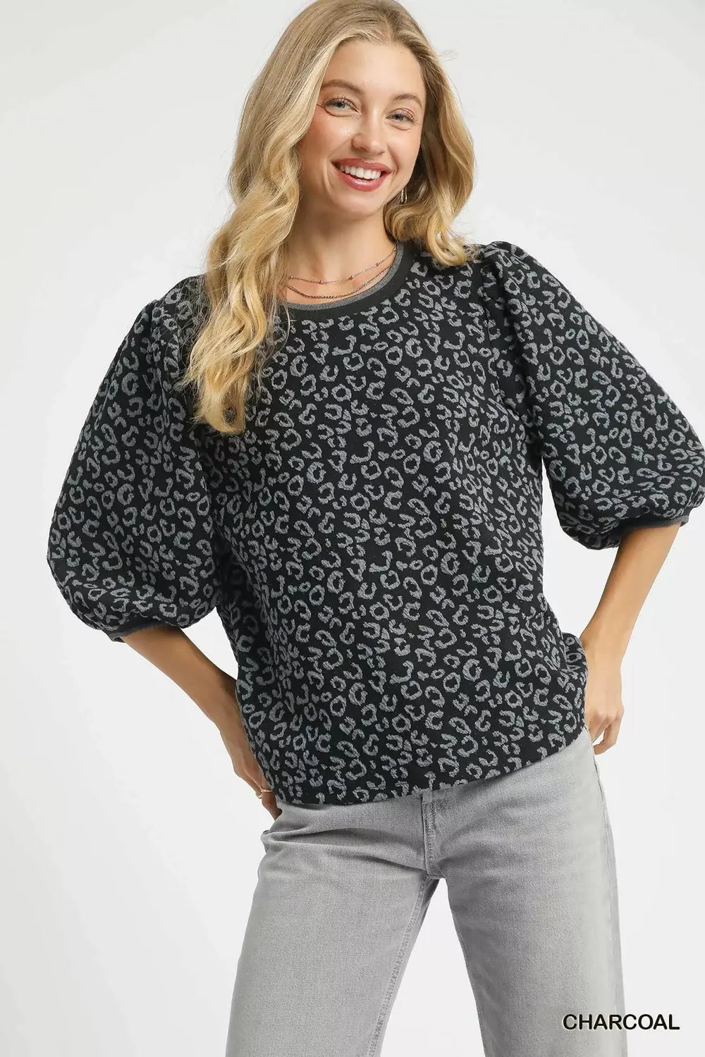 Umgee Leopard Print Jacquard Blouse with Puff Sleeves - Jennie Dots