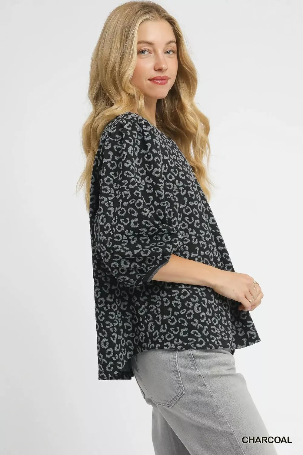Umgee Leopard Print Jacquard Blouse with Puff Sleeves - Jennie Dots